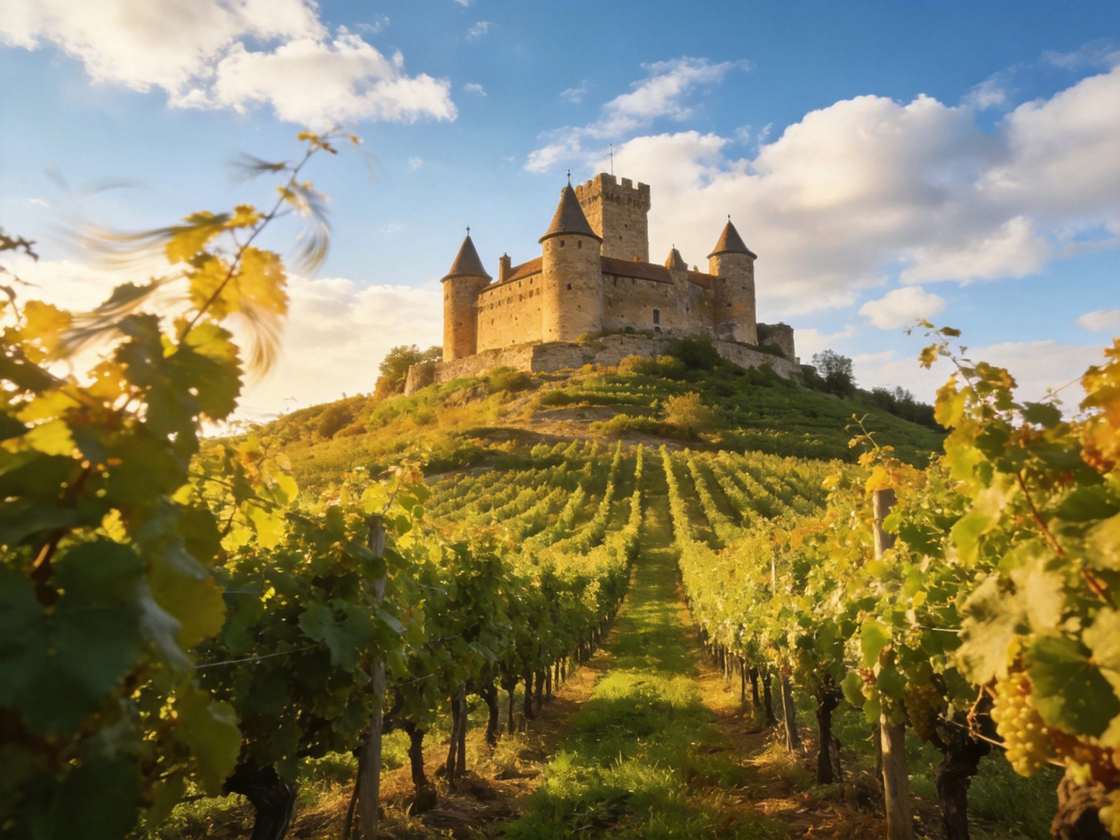 A medieval stone castle atop a hill with sprawling vineyards