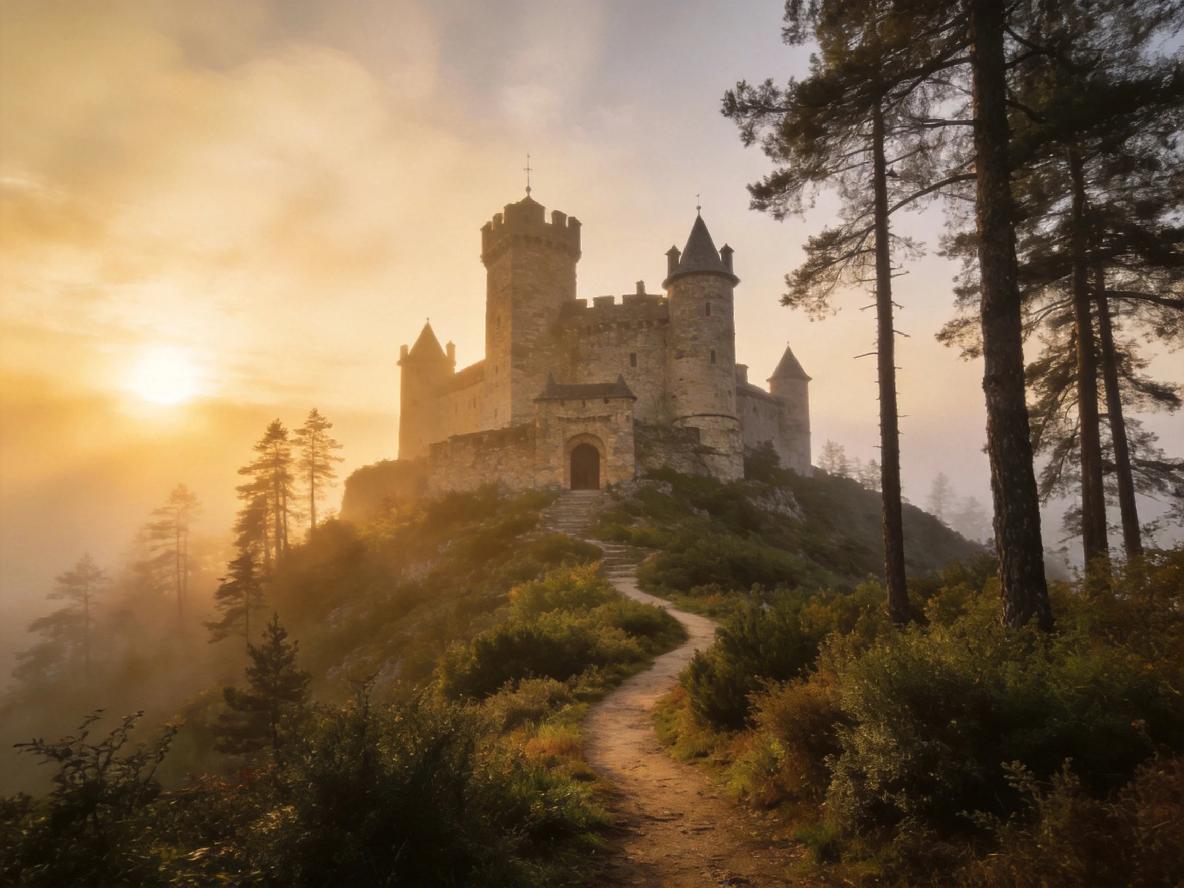 A medieval stone castle atop a misty hillside at sunrise