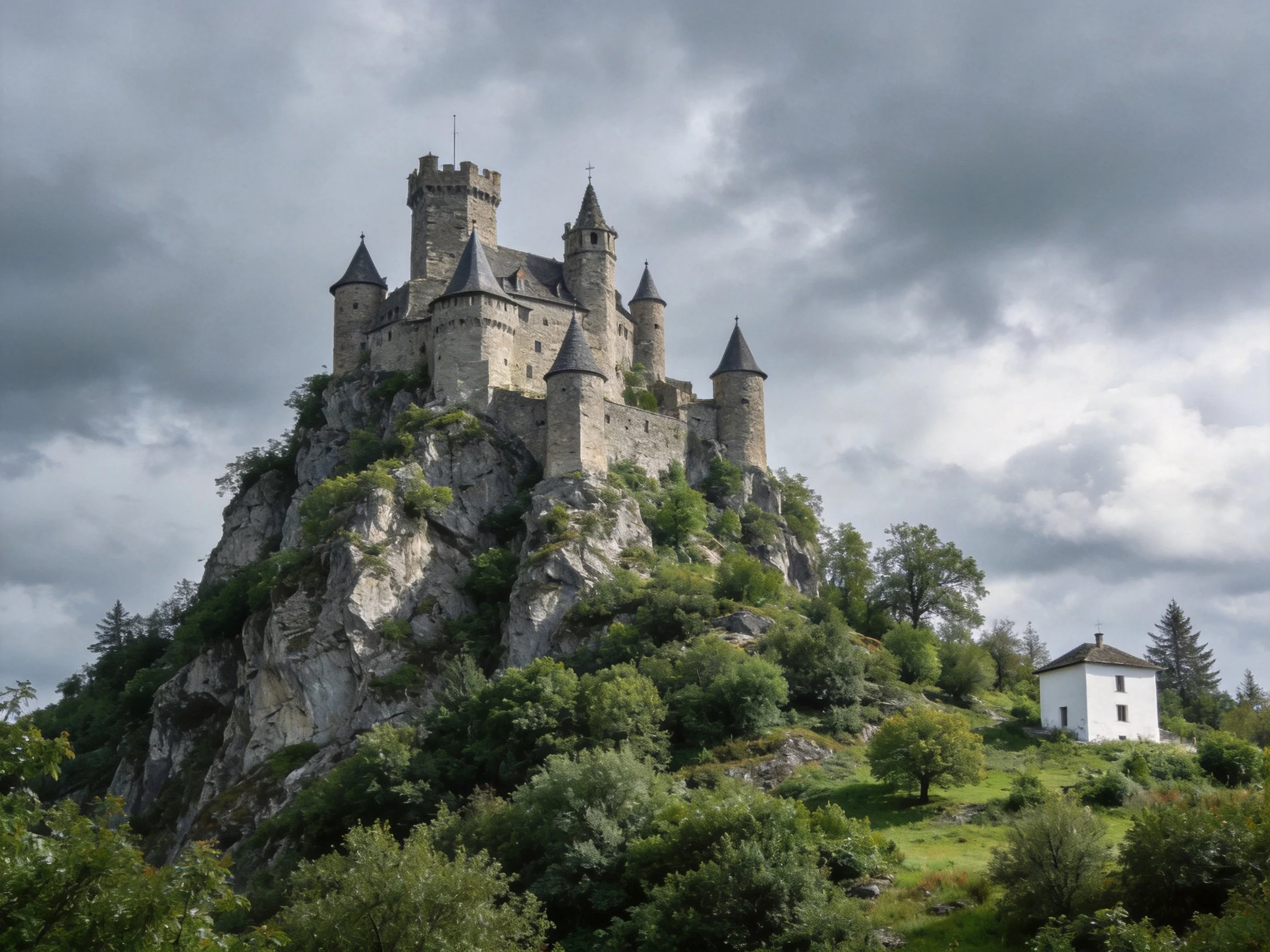 A medieval stone castle atop a rocky hill with lush greenery