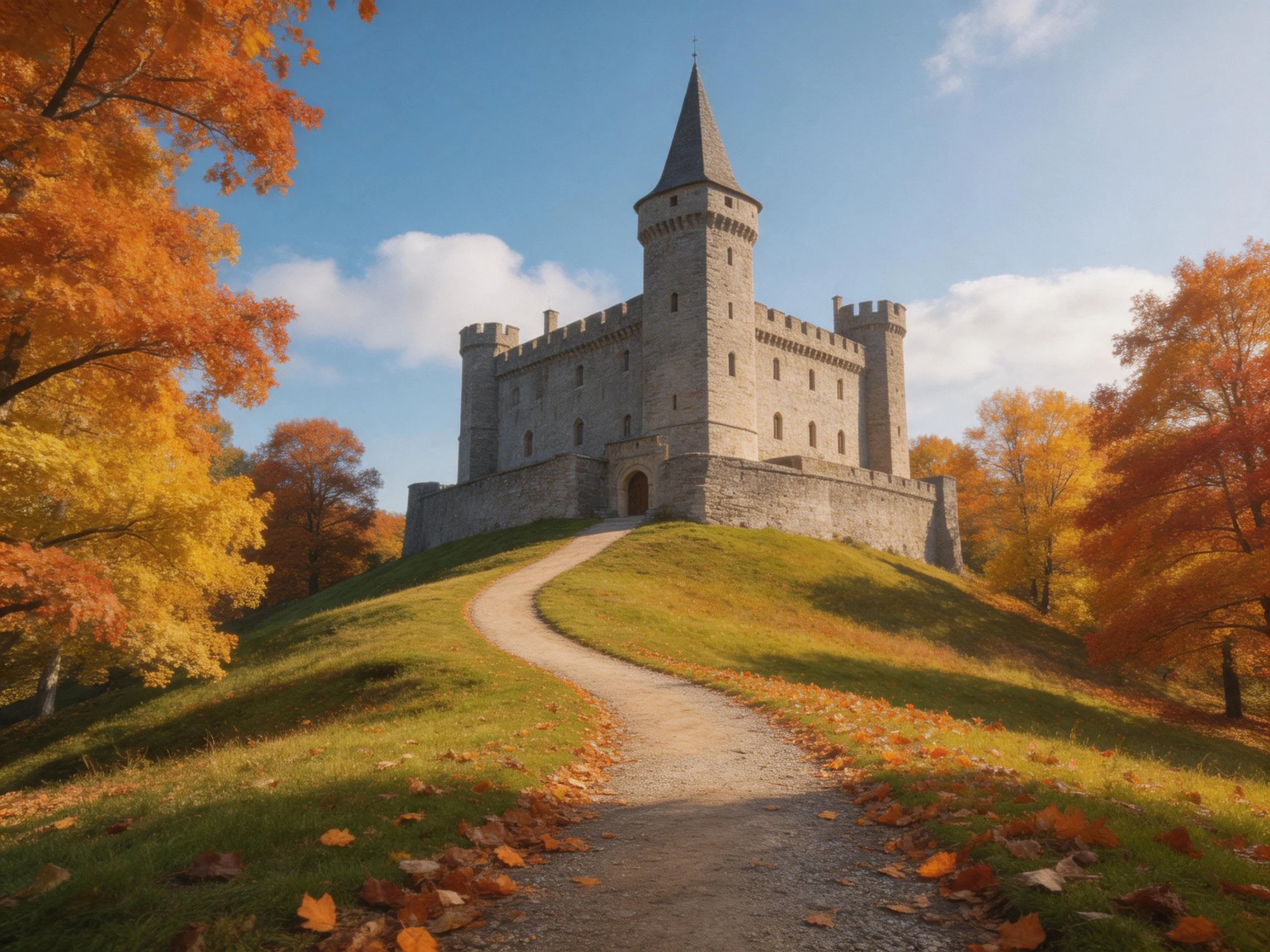 A medieval stone castle atop an autumn hillside with vibrant fall foliage