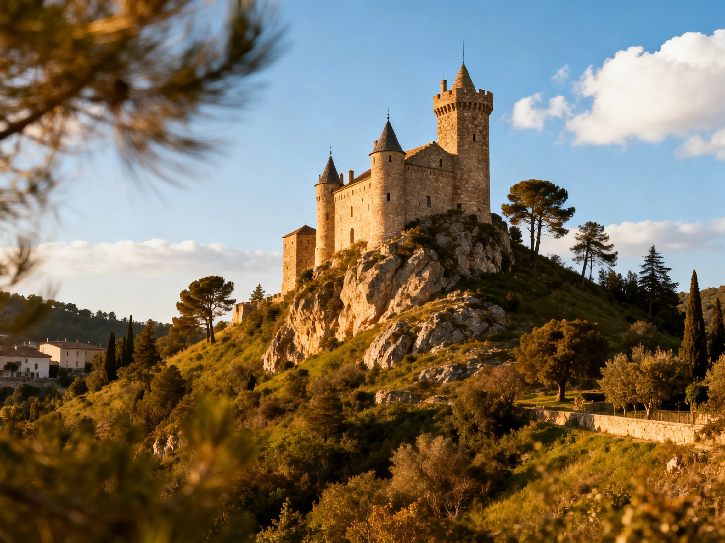 A medieval stone castle atop rocky hill with surrounding trees