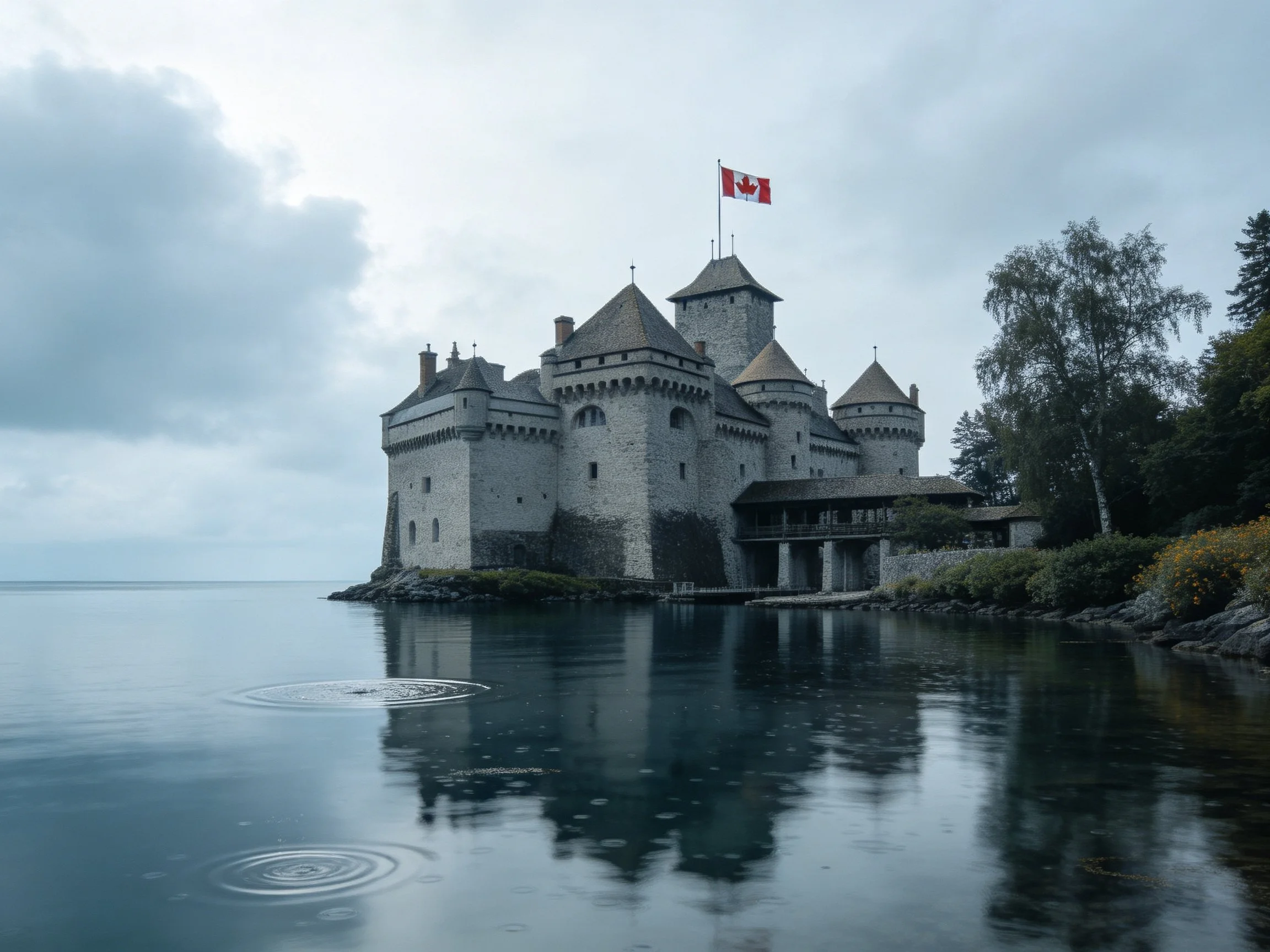 A medieval stone castle by tranquil waters with a Canadian flag
