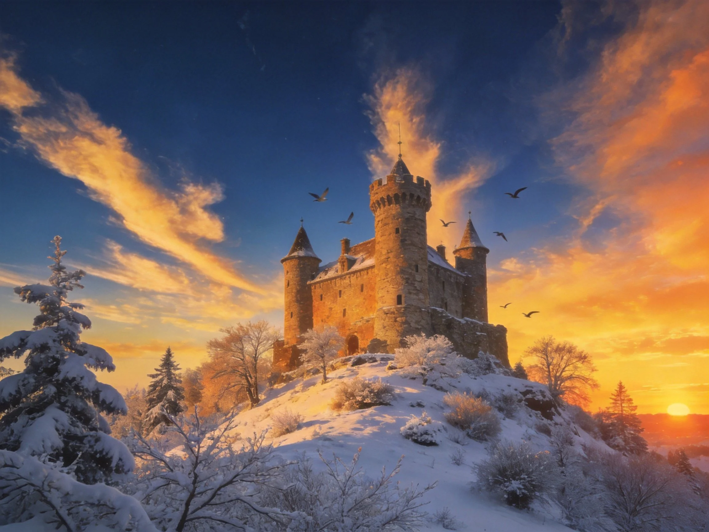 A medieval stone castle on a snow-covered hill beneath a vibrant sunset