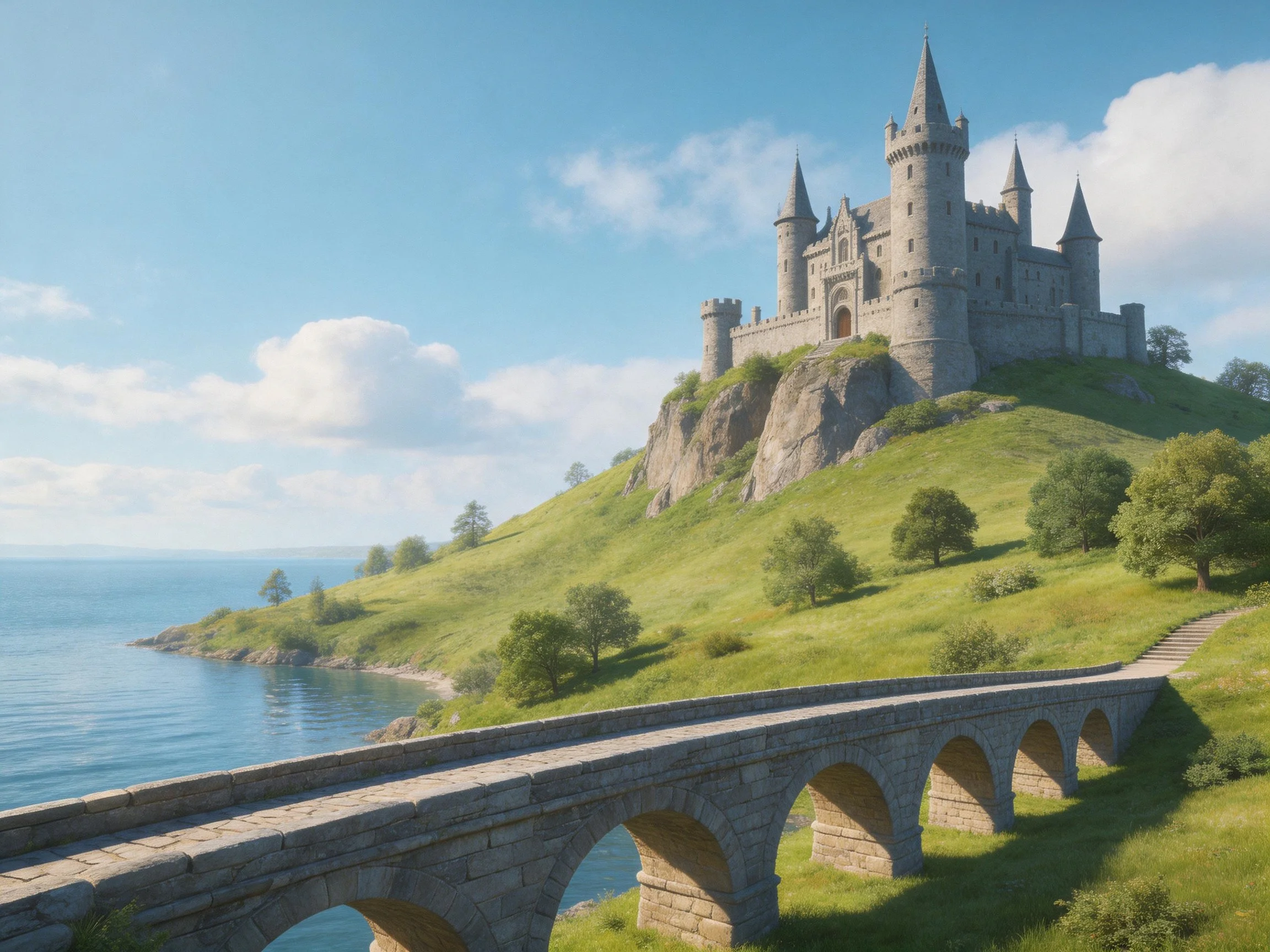 A medieval stone castle perched on a grassy cliffside by tranquil waters