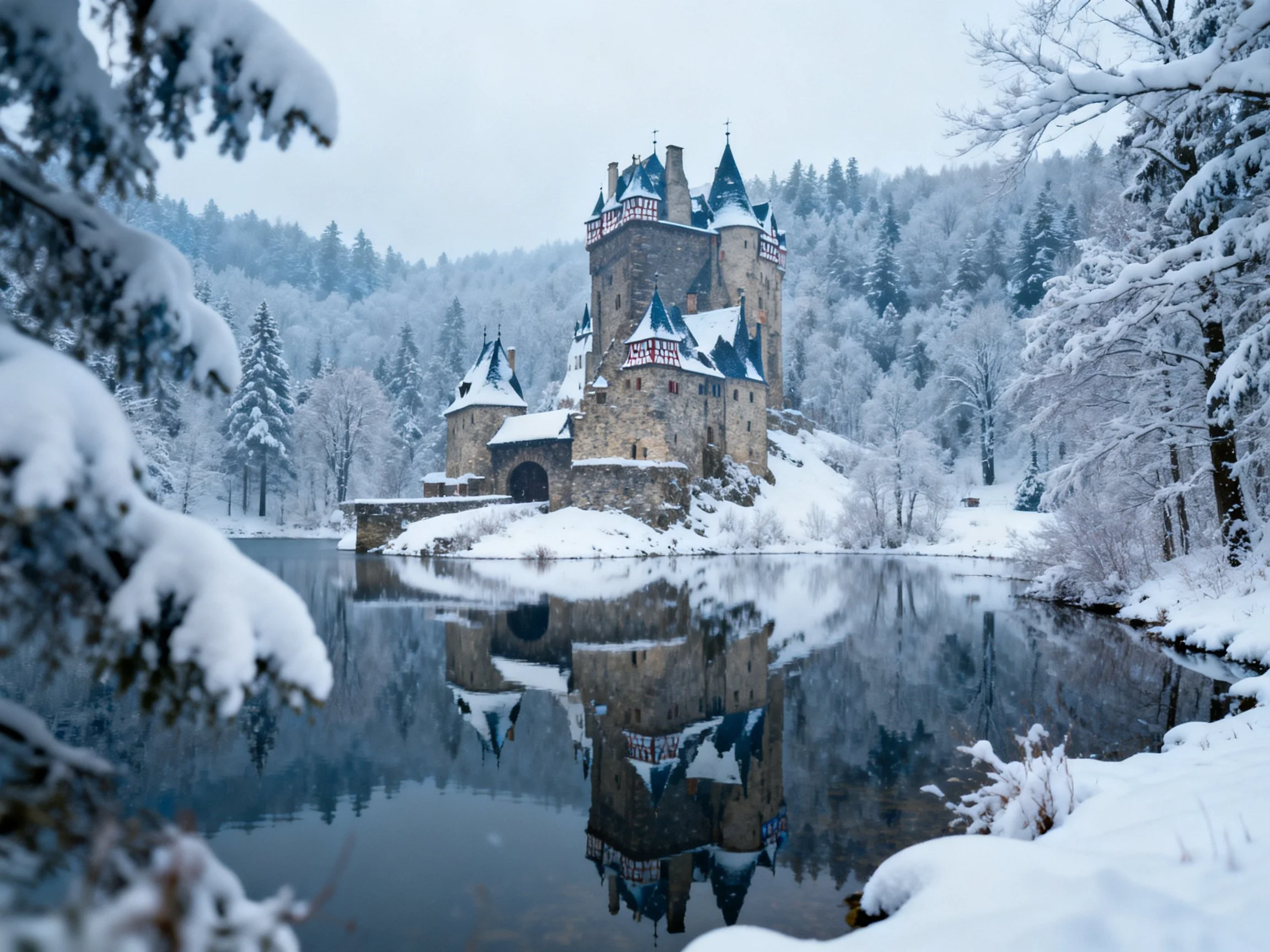 A medieval stone castle reflected in snowy winter waters