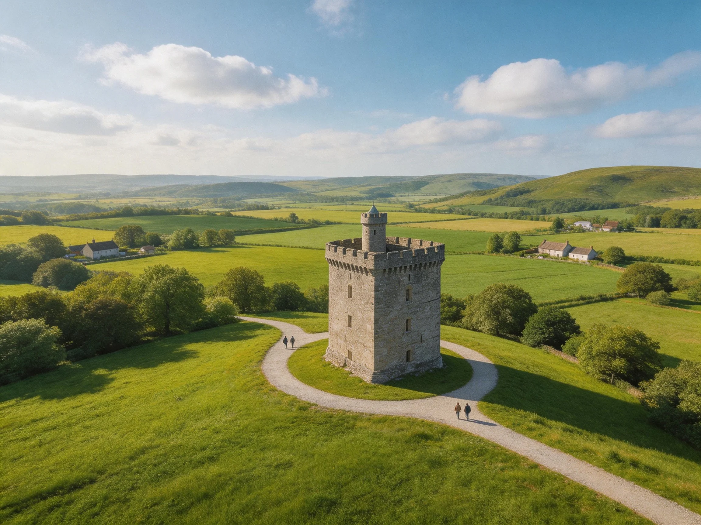 A medieval stone tower in sprawling green countryside