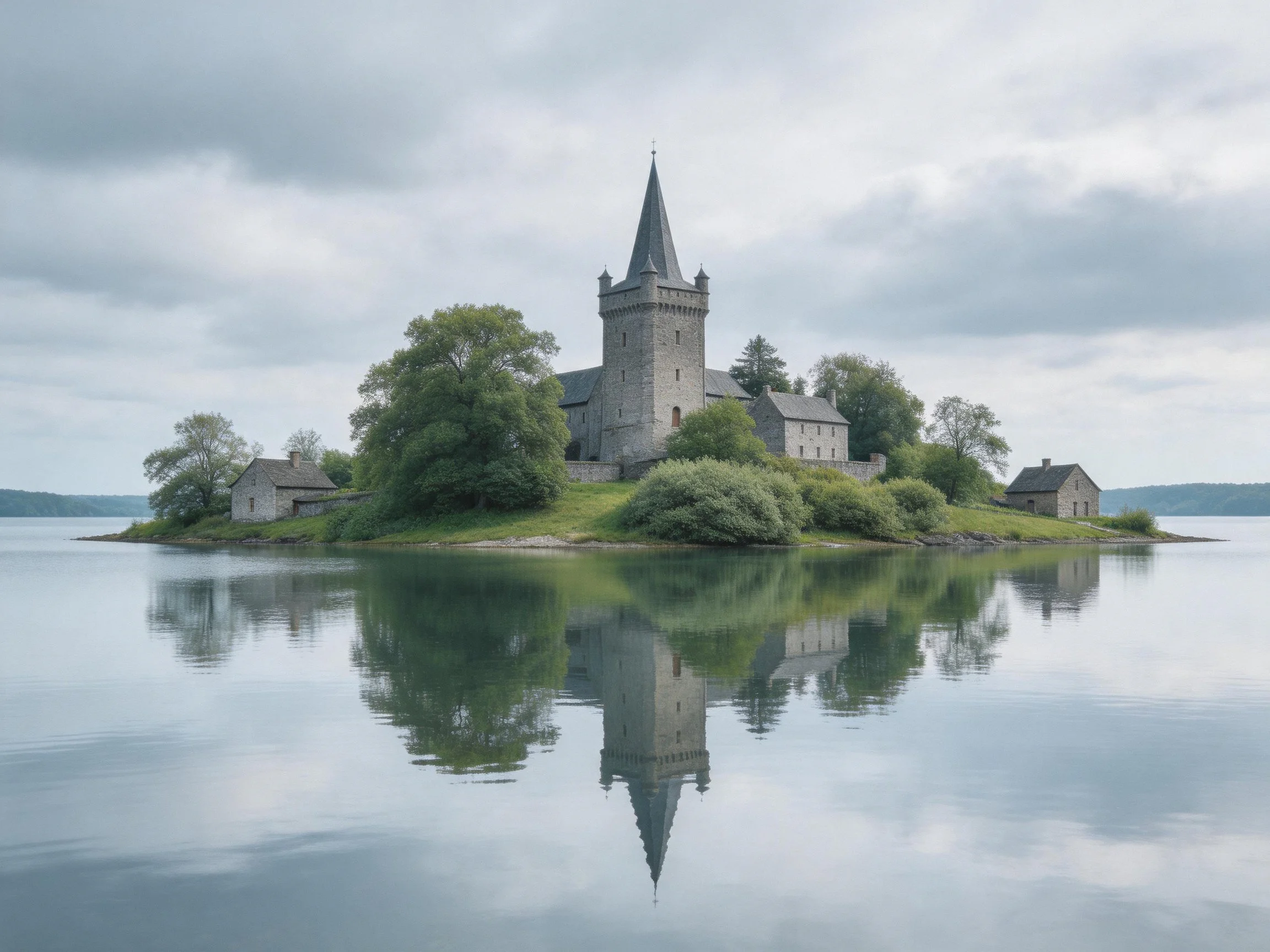 A medieval stone tower island with lush greenery and reflective waters