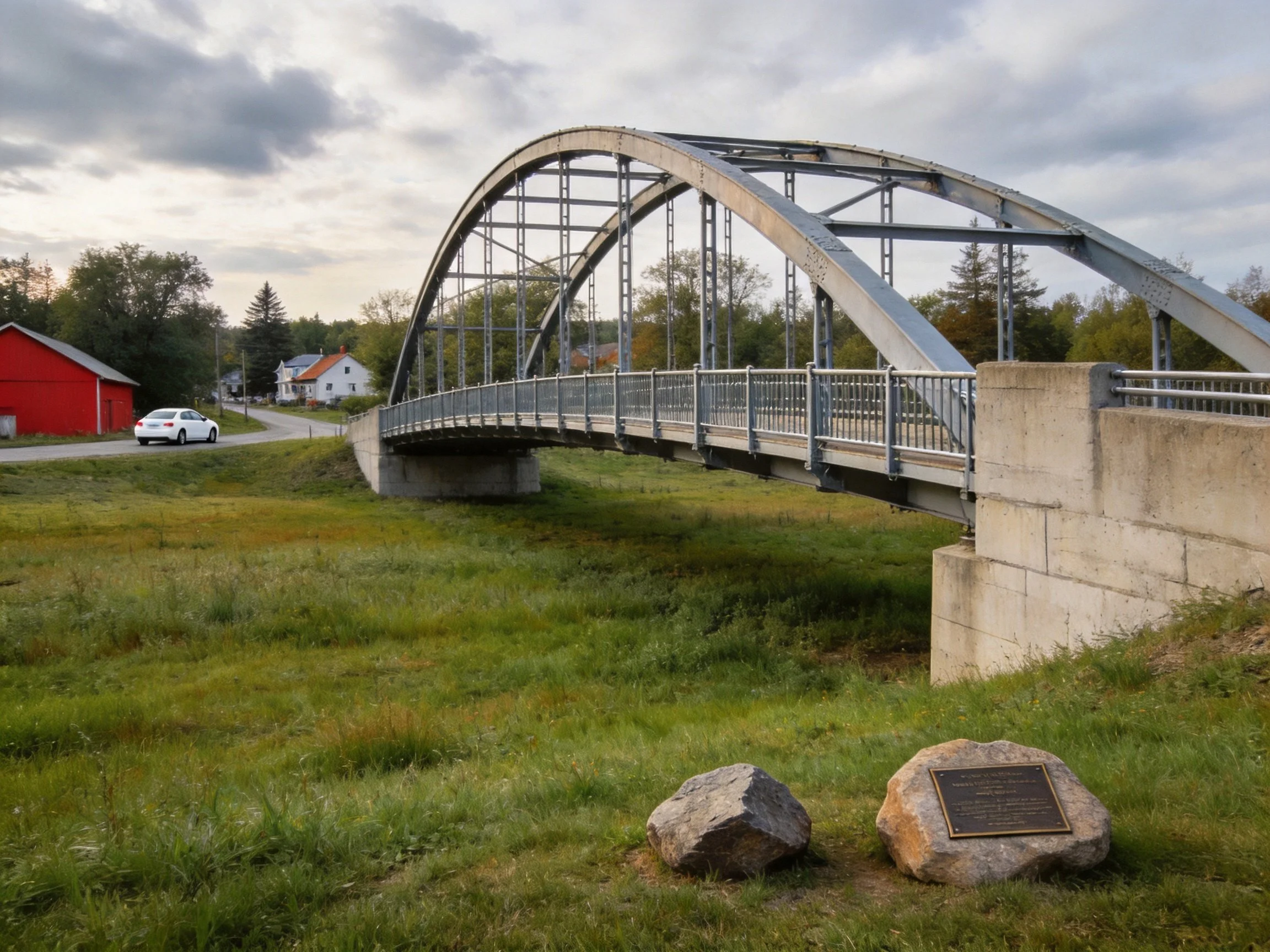 A metal arch bridge spans a grassy field near red buildings
