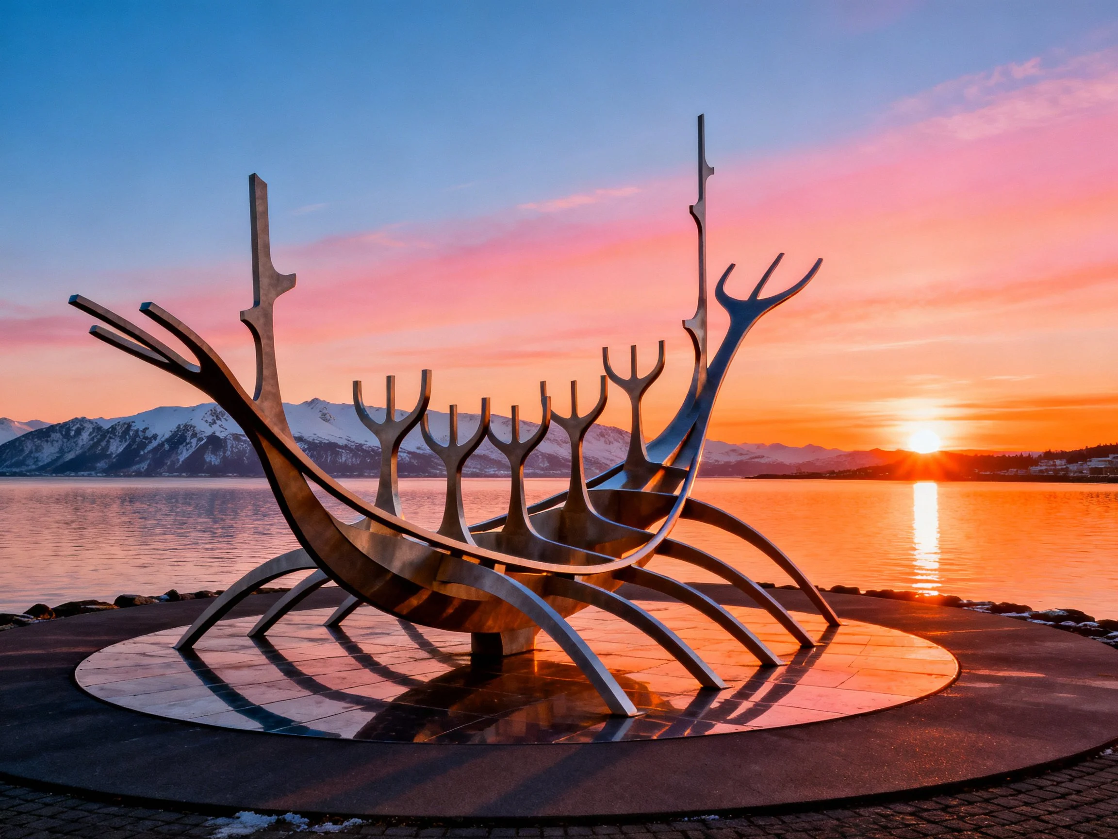 A metallic Viking ship sculpture near a lake at vibrant sunset