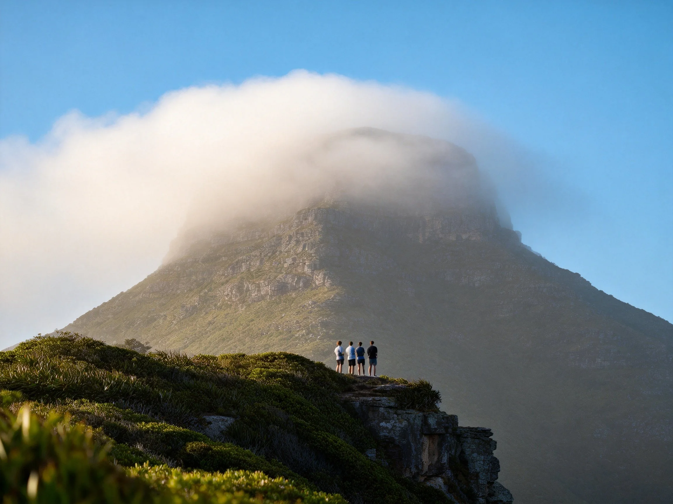 A mist-capped mountain with four hikers on a rocky cliffside