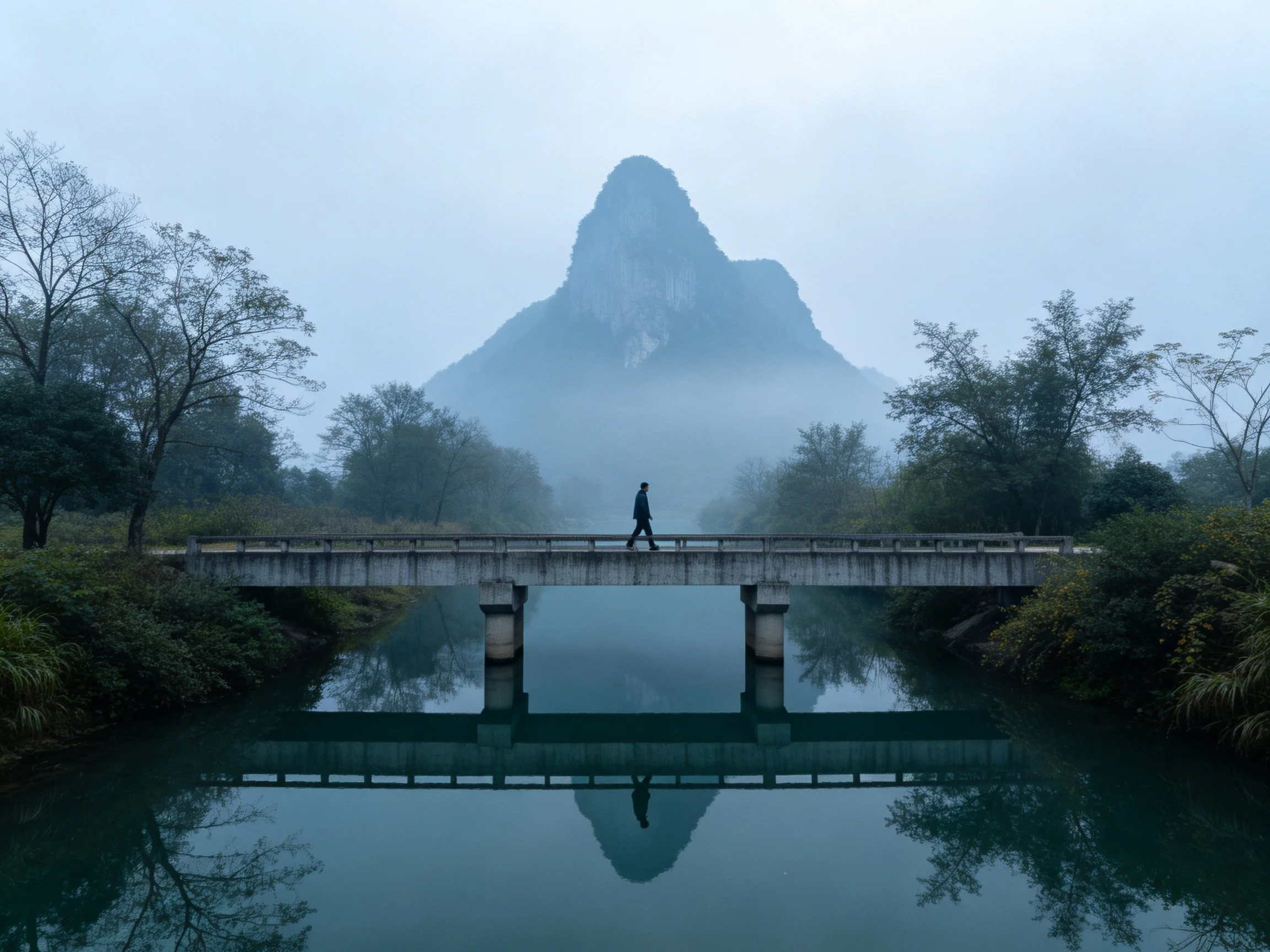 A misty bridge spans calm water near a towering karst mountain