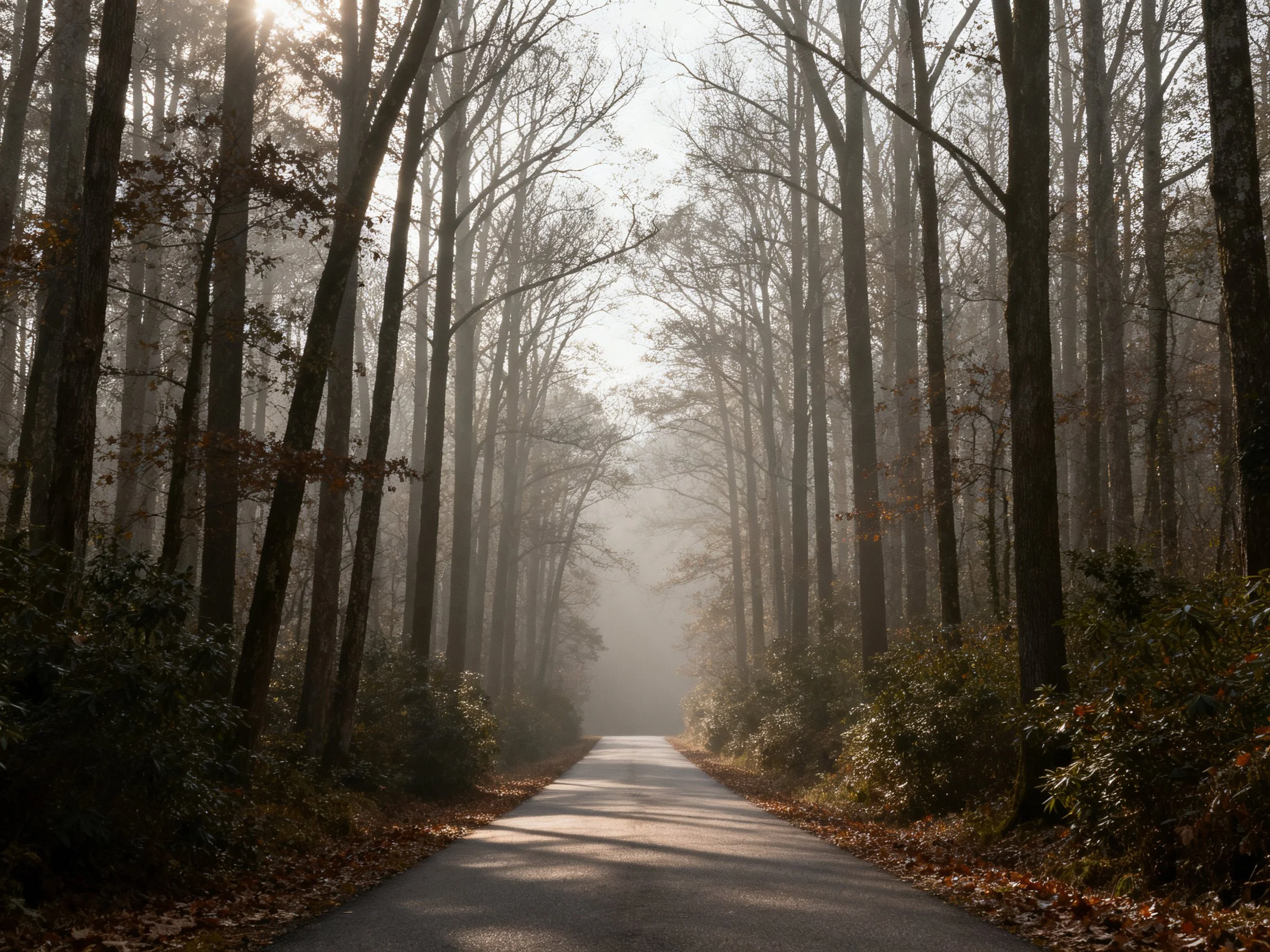 A misty forest path lined with tall bare trees and fallen leaves