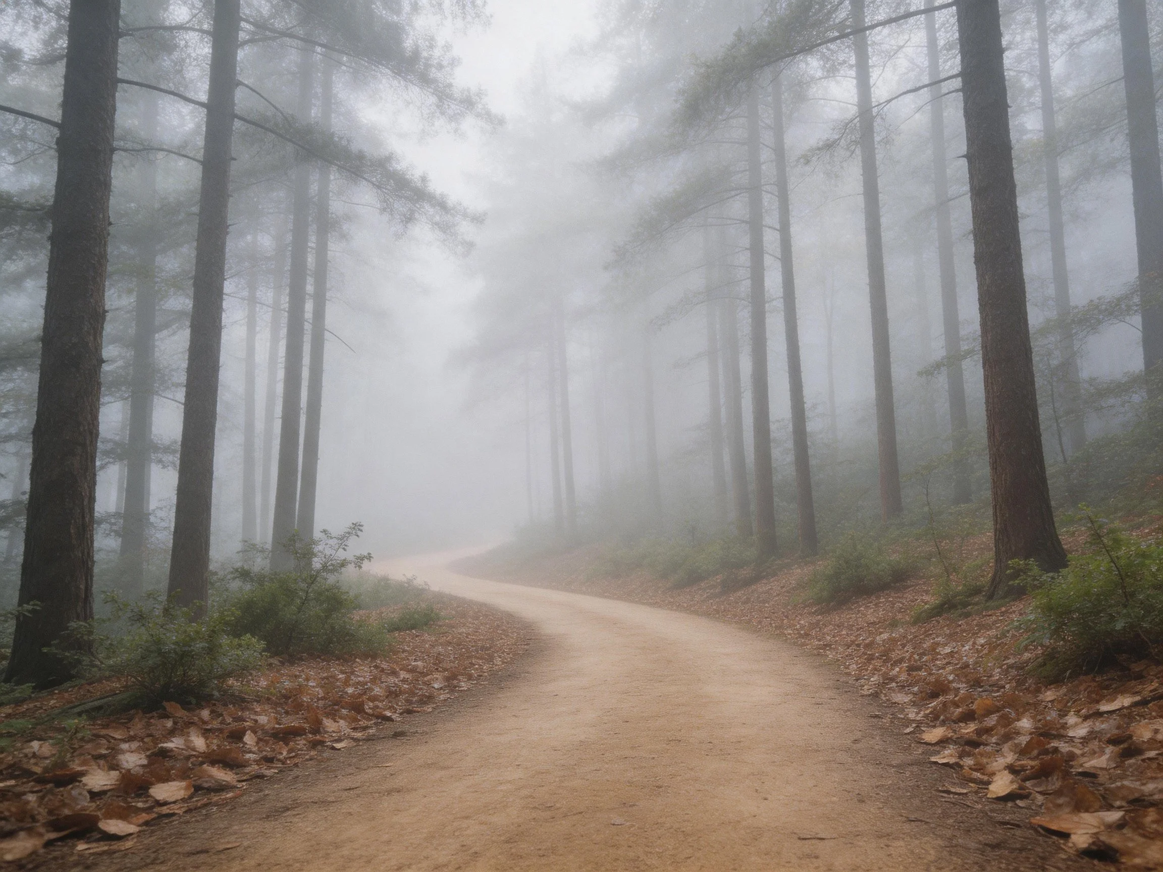 A misty forest path winding through tall pine trees