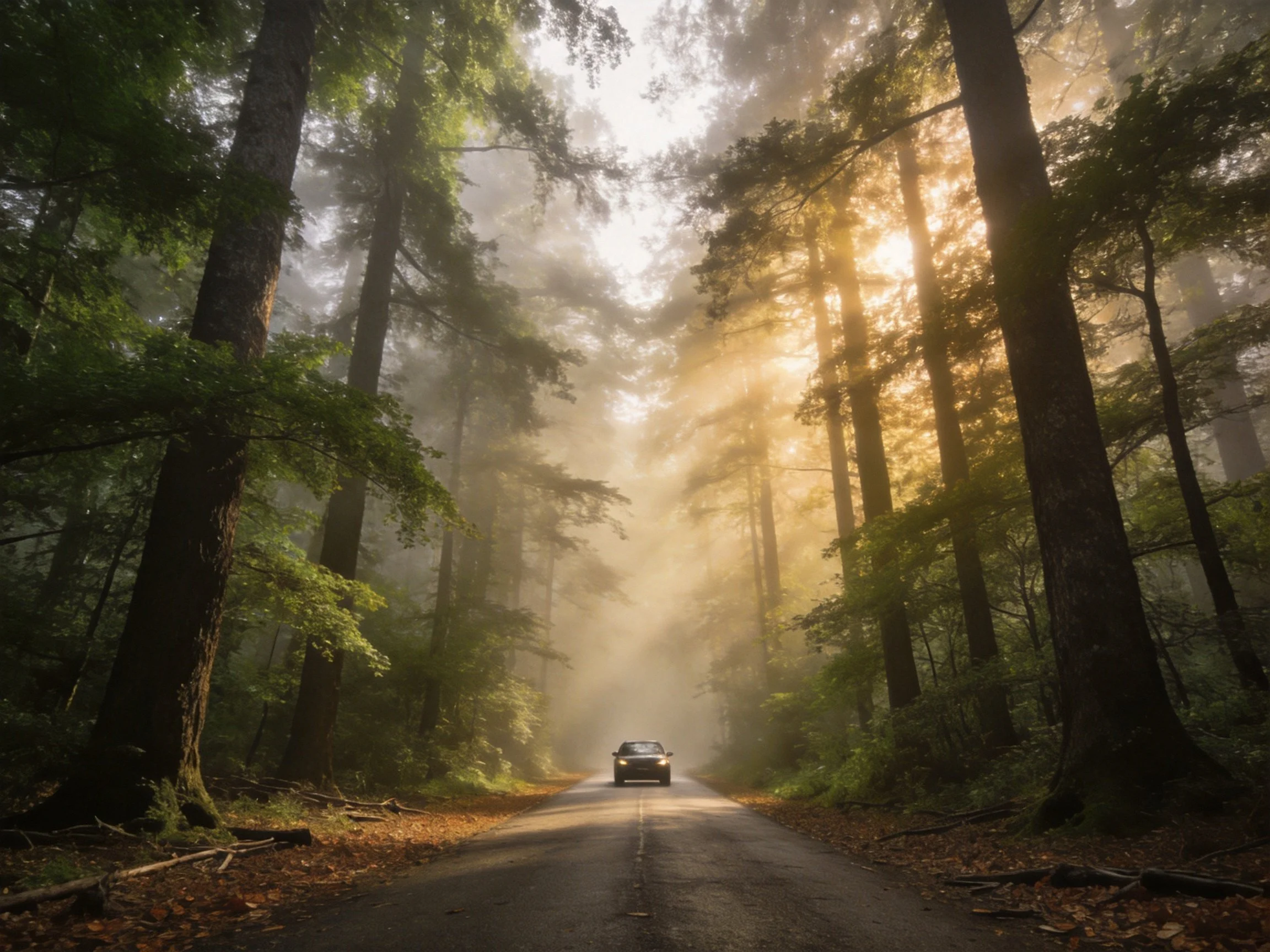 A misty forest road with towering trees and golden sunlight