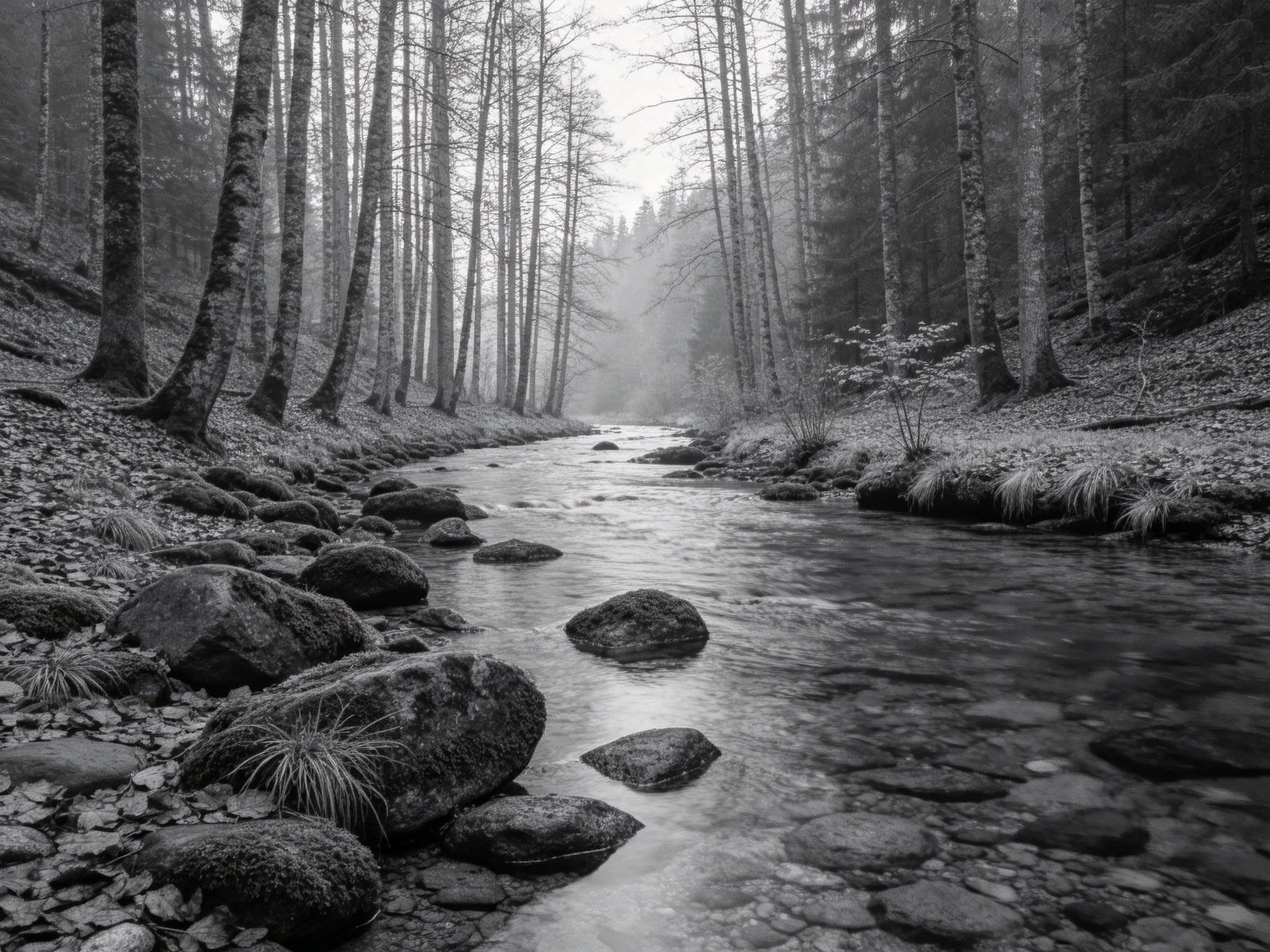 A misty forest stream with tall trees and scattered rocks