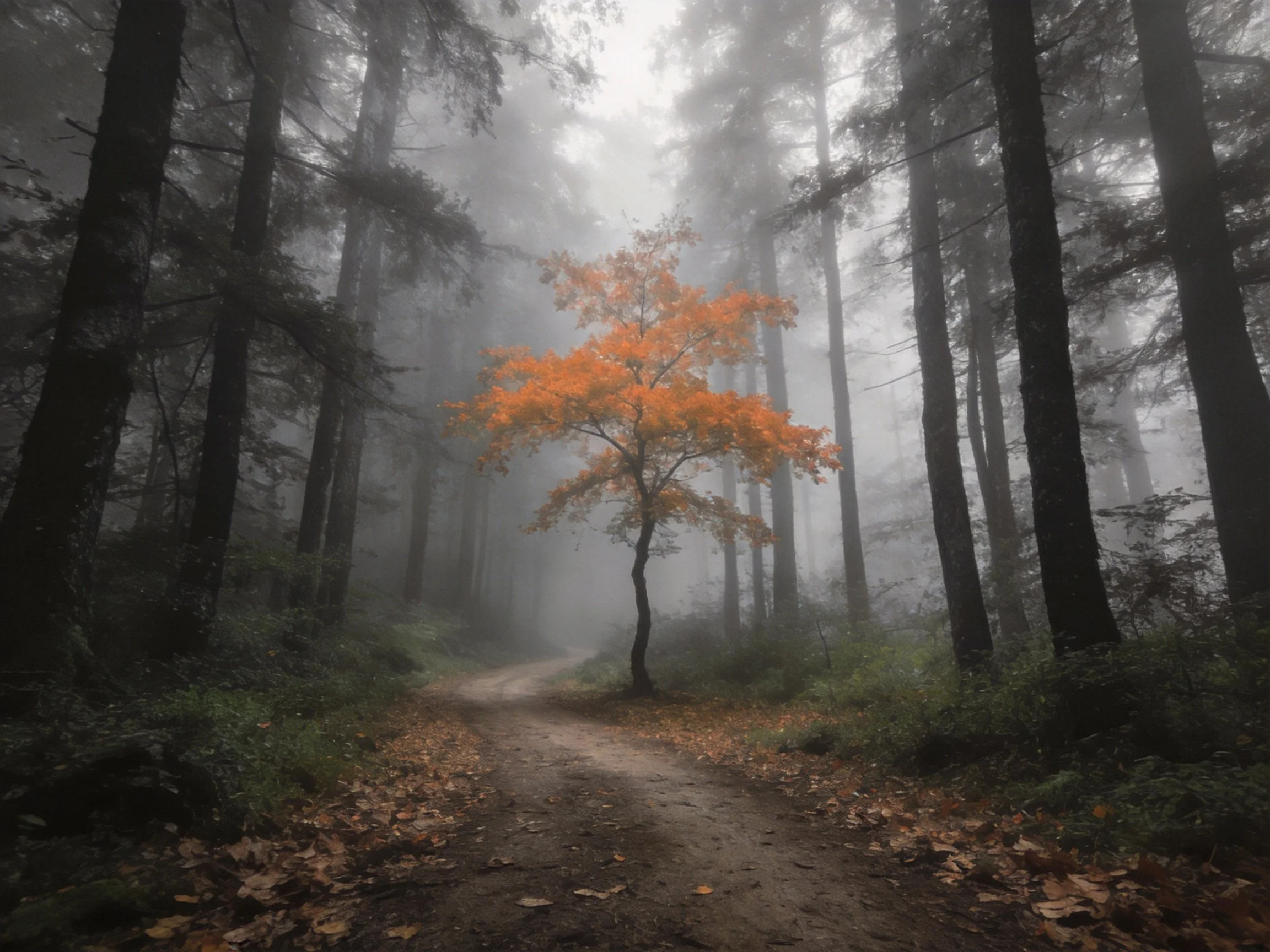 A misty forest with a vibrant orange tree by a winding dirt path