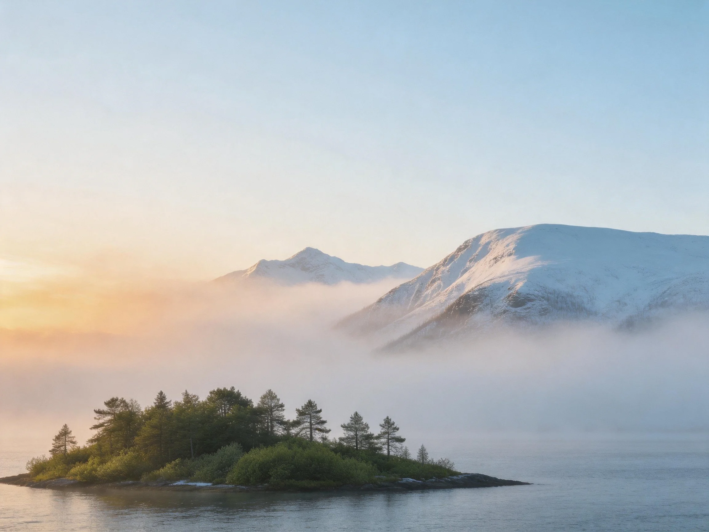 A misty island with evergreen trees near snow - capped mountains