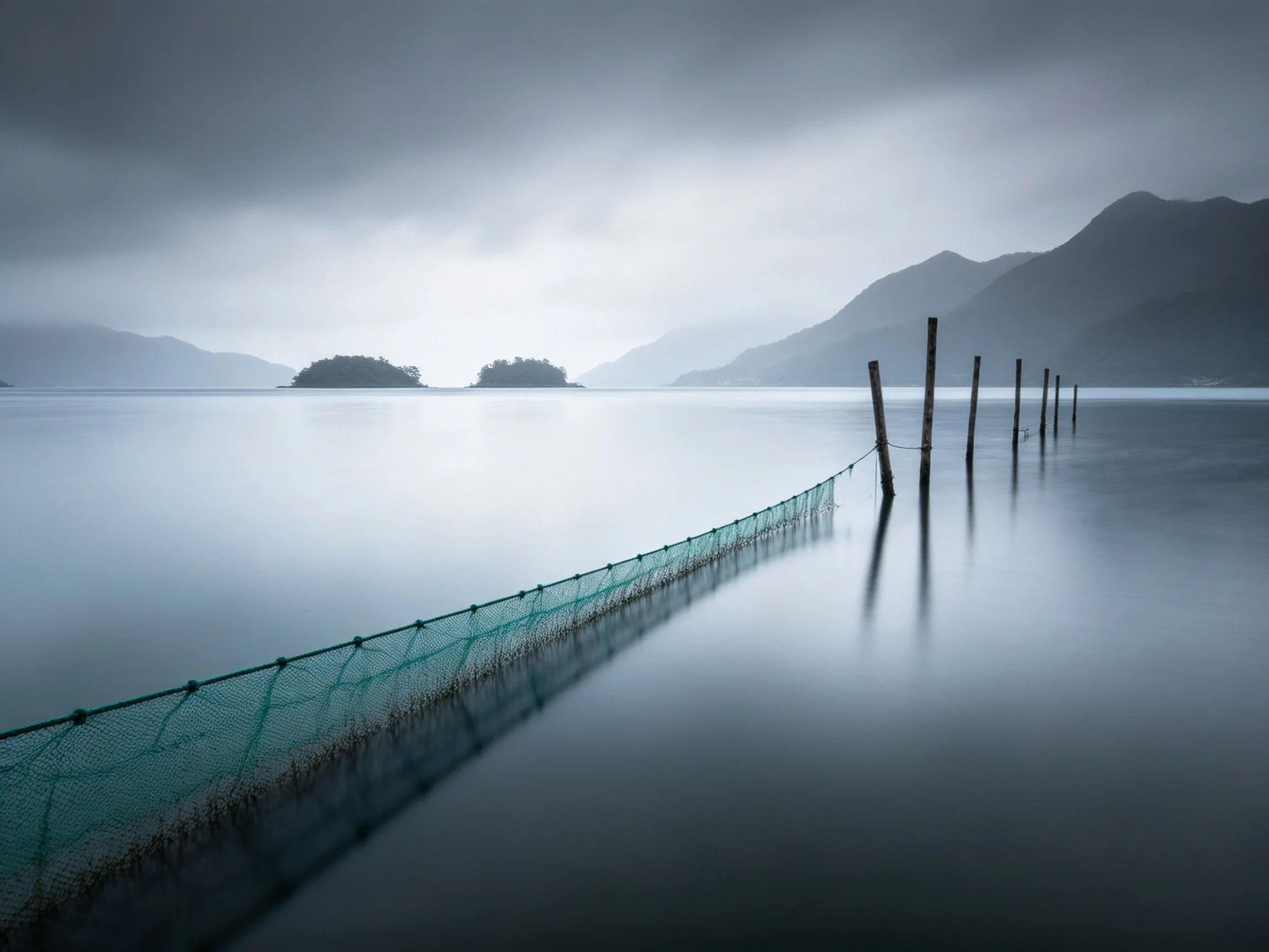 A misty lake scene with a green fishing net and distant mountains