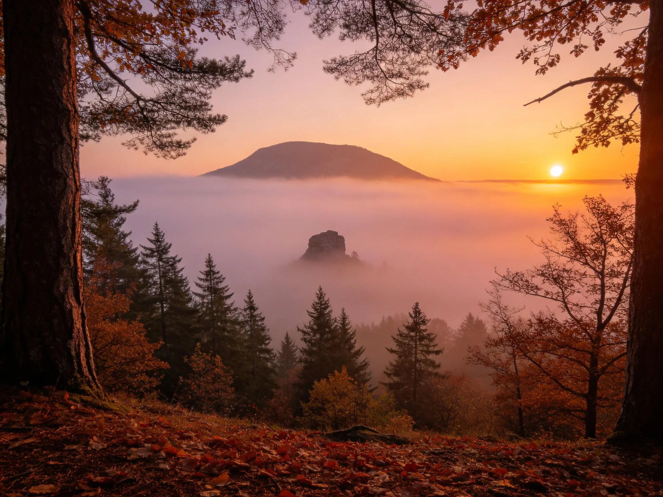 A misty mountain landscape with autumn forest and golden sunrise