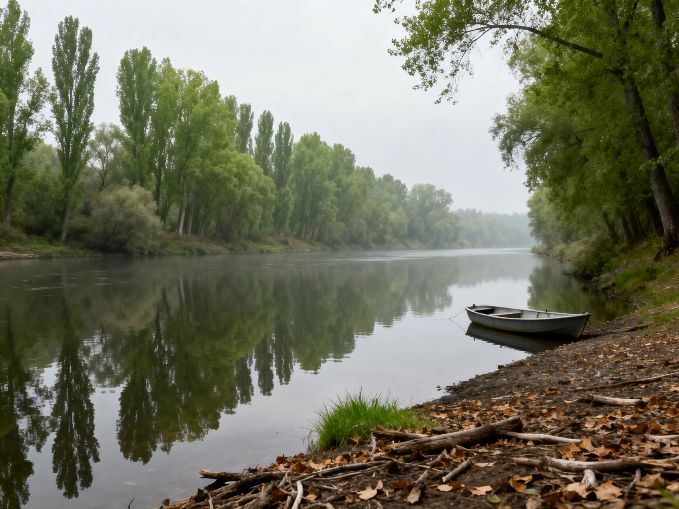 A misty river reflects trees, with a small boat near the shore