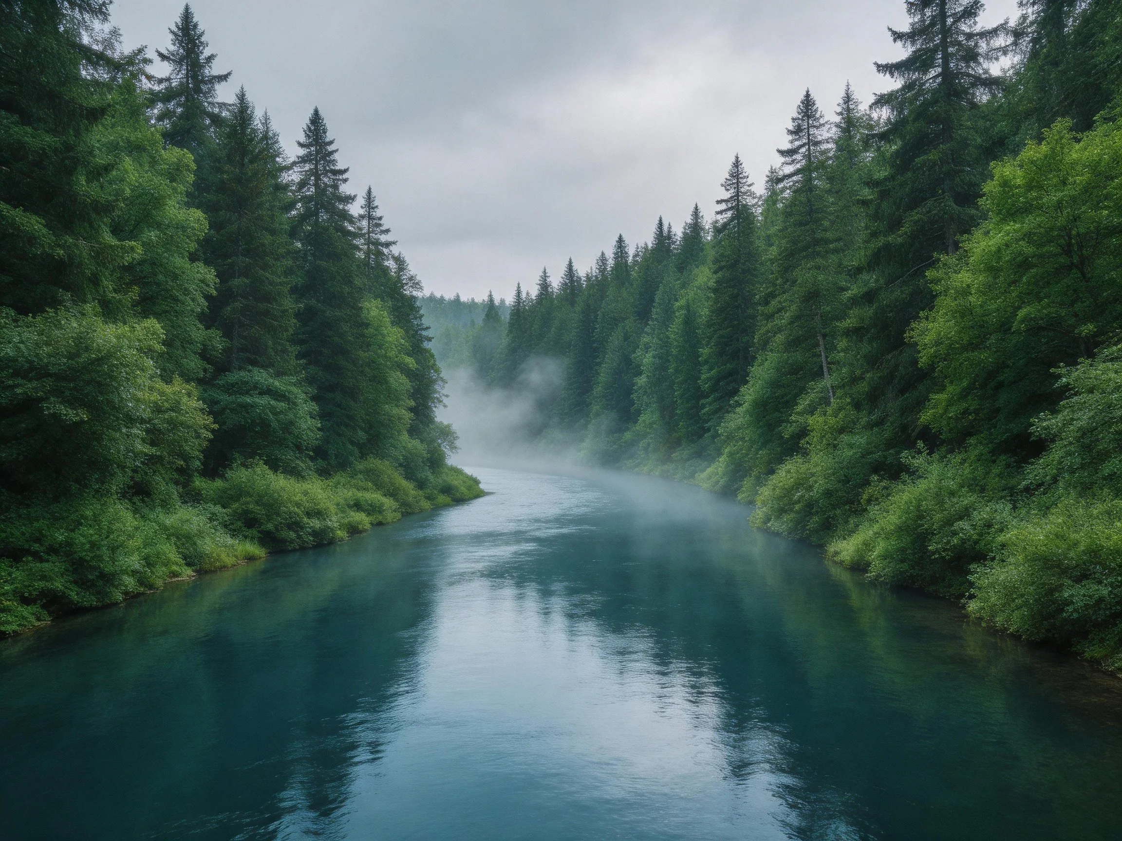 A misty river winds through dense emerald forests with calm blue waters