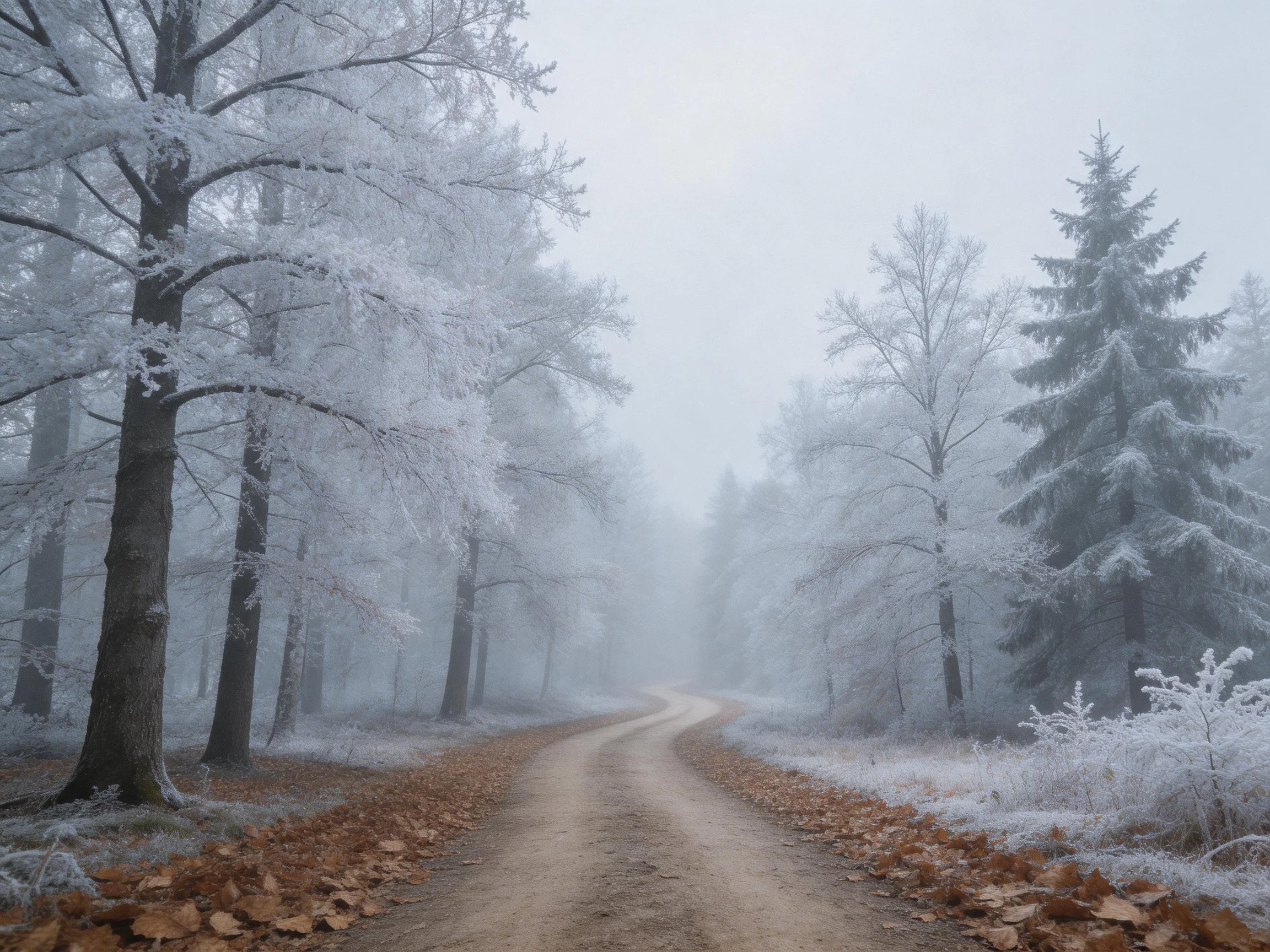 A misty winter forest has frosted trees along a winding dirt path
