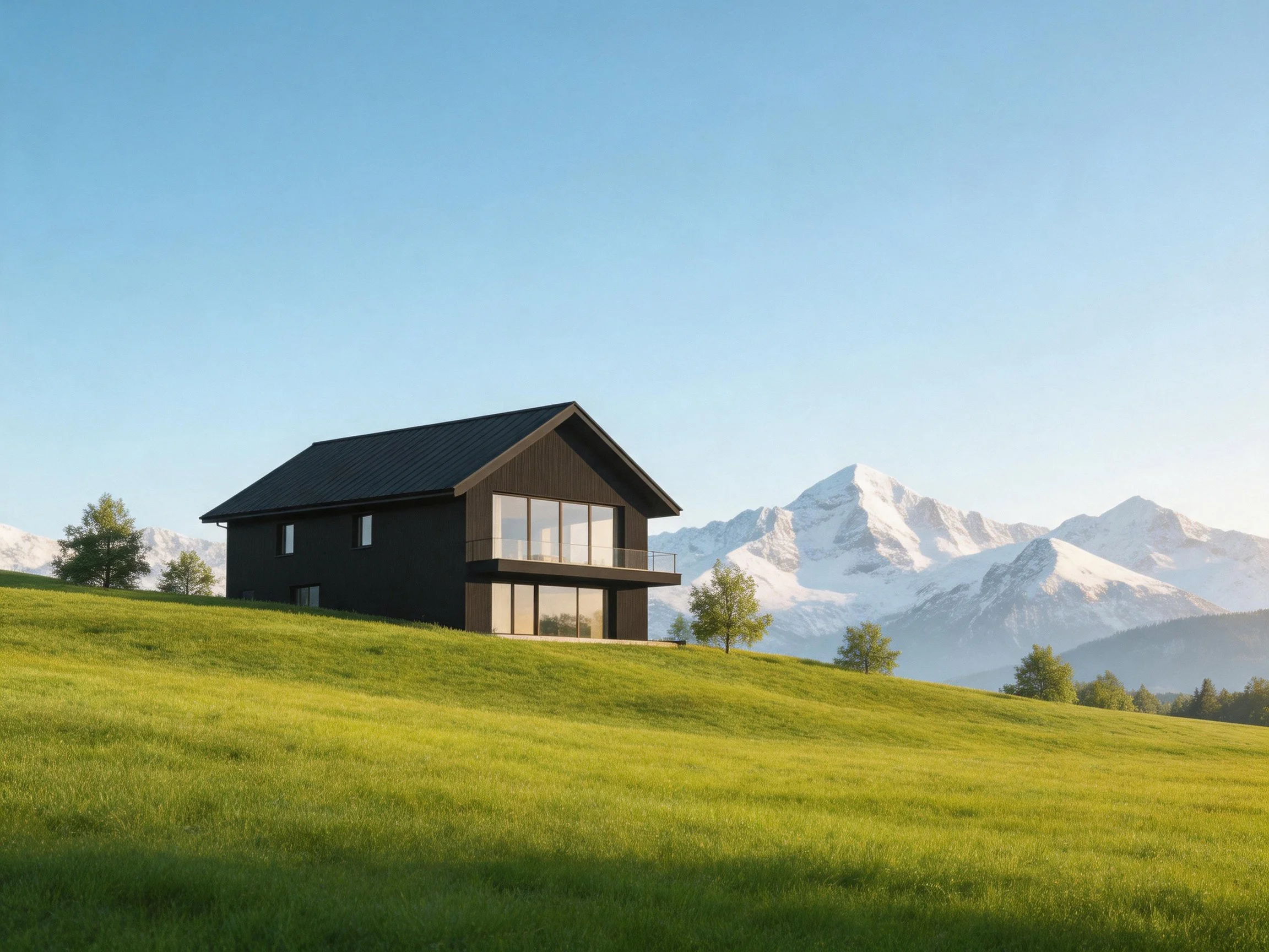 A modern black house on a green hillside with snow-capped mountains