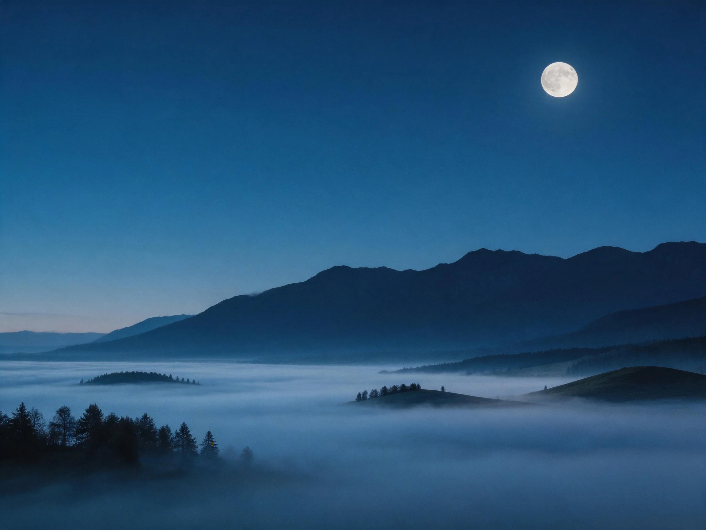A moonlit mountain landscape with misty valleys and silhouetted trees