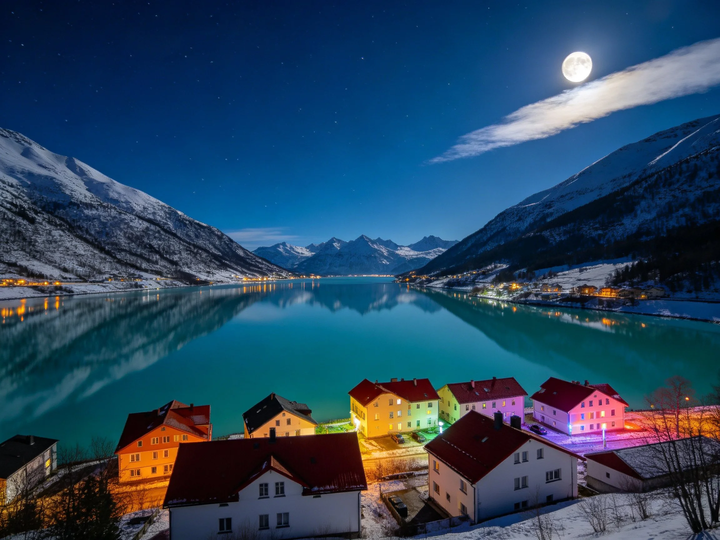 A moonlit mountain village by turquoise lake with colorful houses