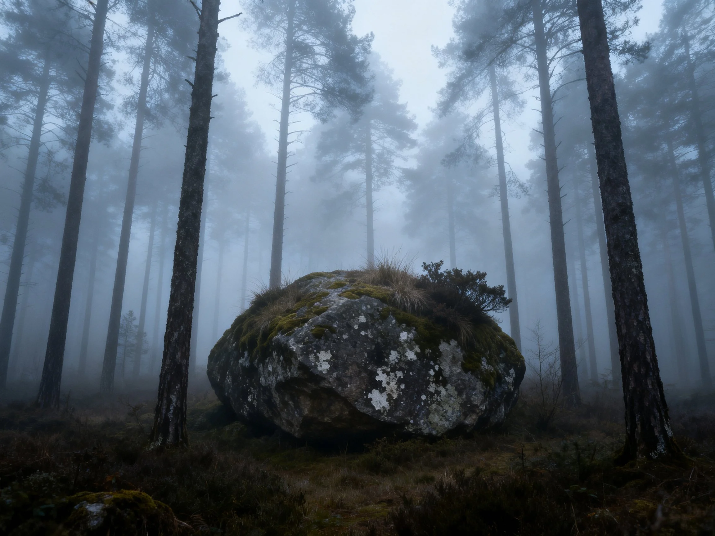 A moss-covered boulder amid tall pine trees in foggy forest