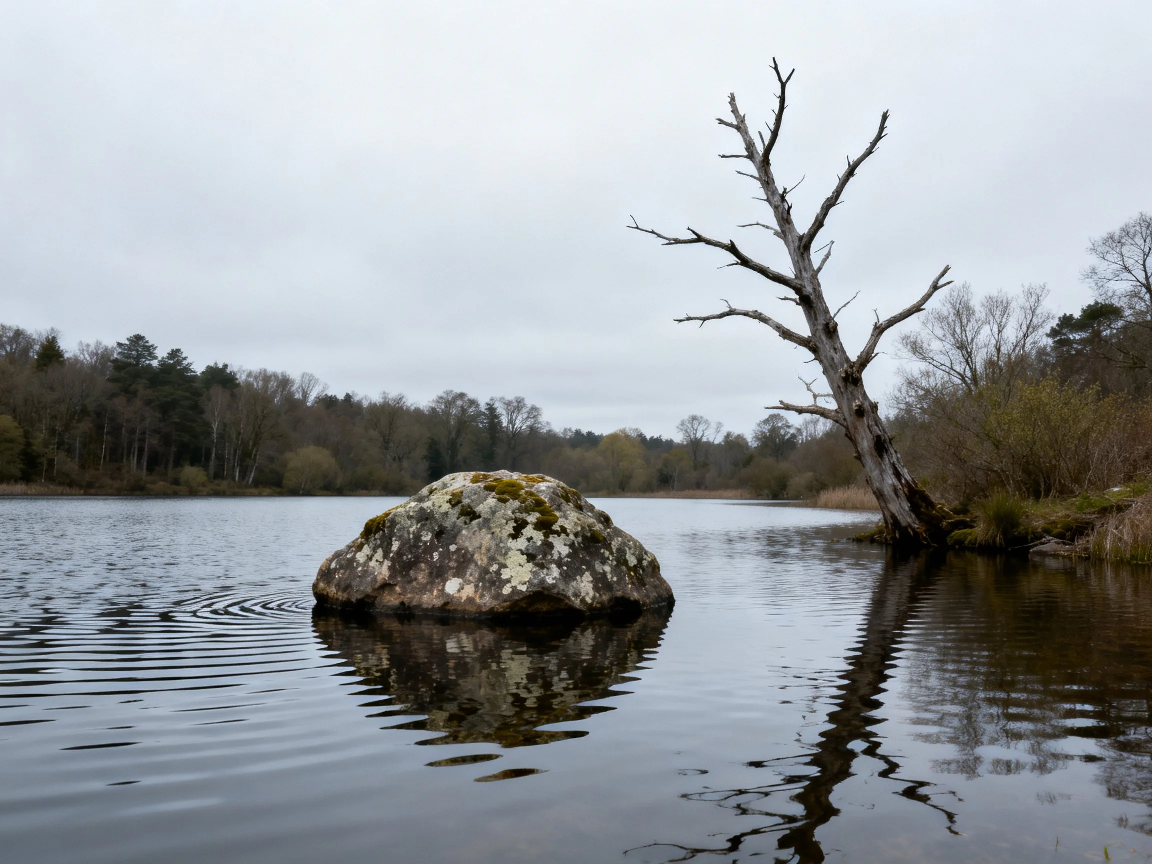A moss-covered rock floats in a calm lake near a bare tree