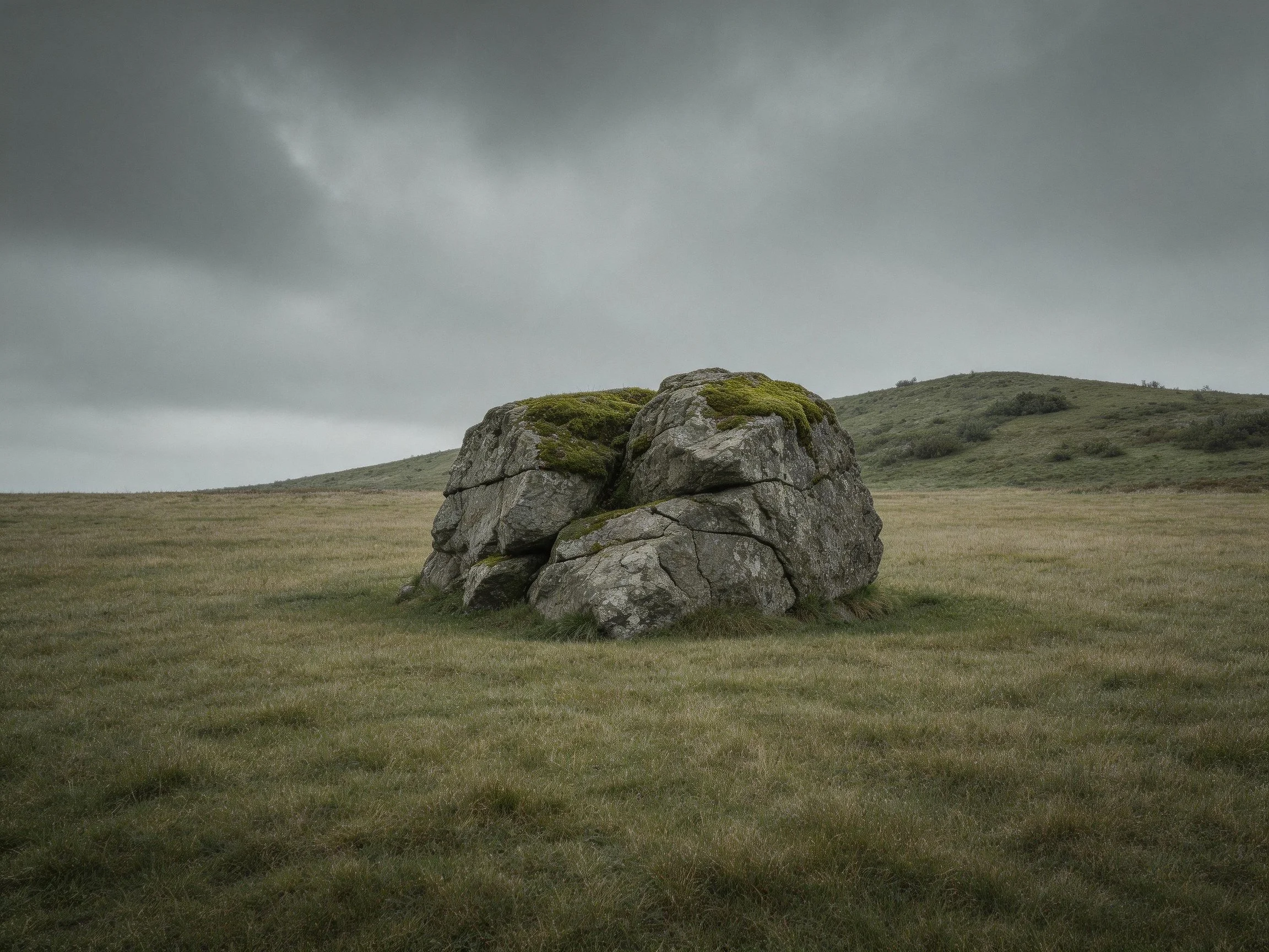A moss-covered rock formation stands alone in an open field under stormy skies.