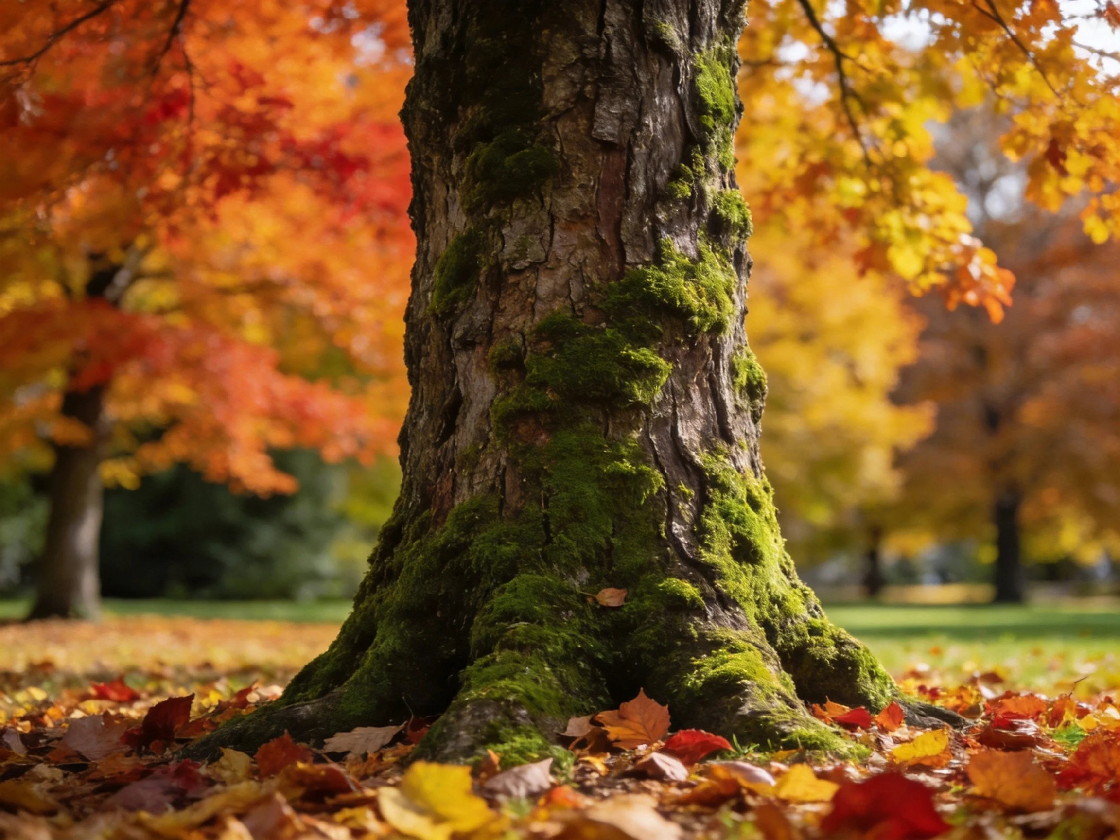 A moss-covered tree trunk amid vibrant fall foliage