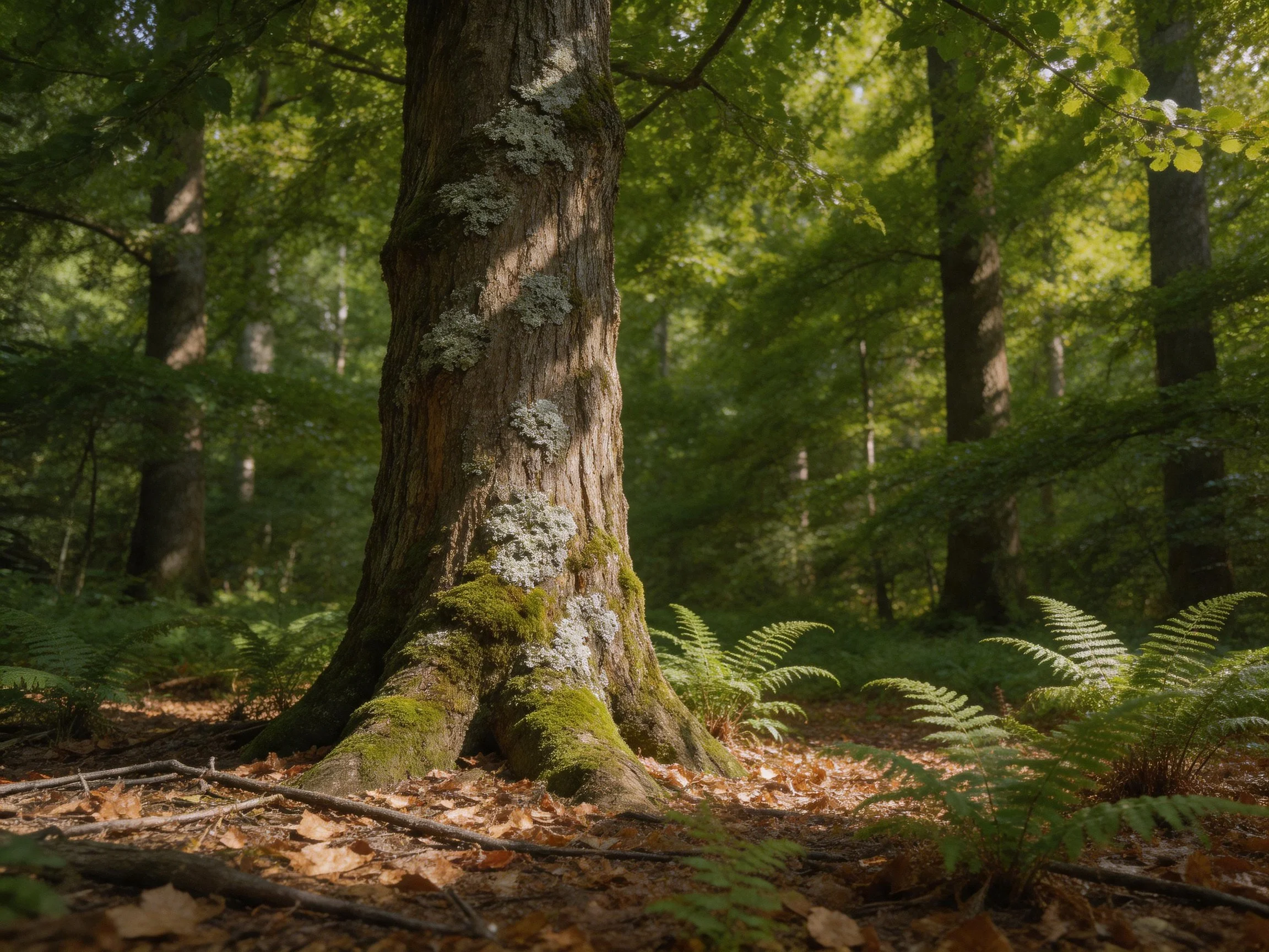 A moss-laden tree trunk amidst ferns in a sunlit forest