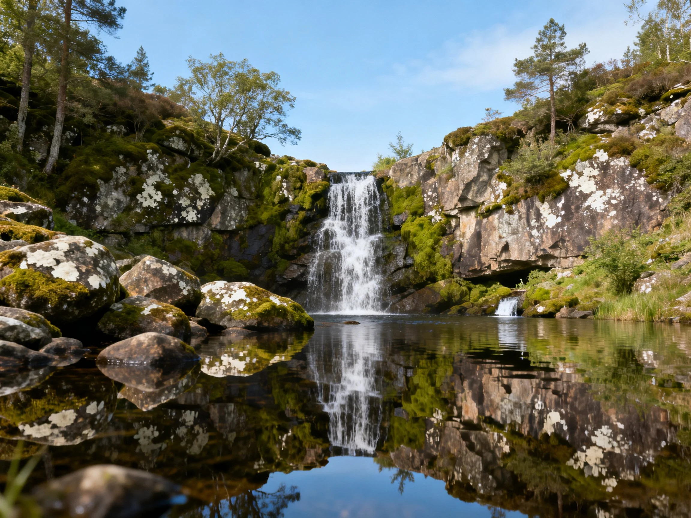 A mossy cliffside waterfall reflecting in calm waters