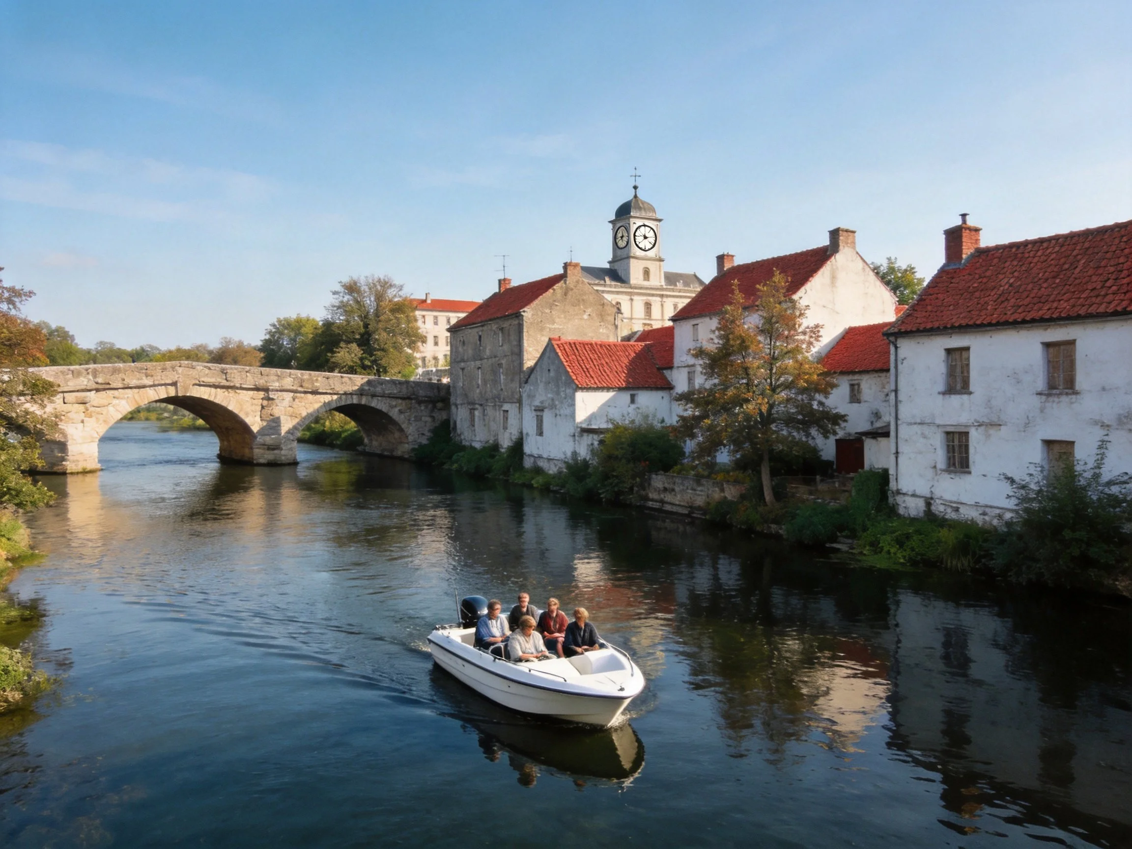 A motorboat with passengers on a calm river near historic stone buildings