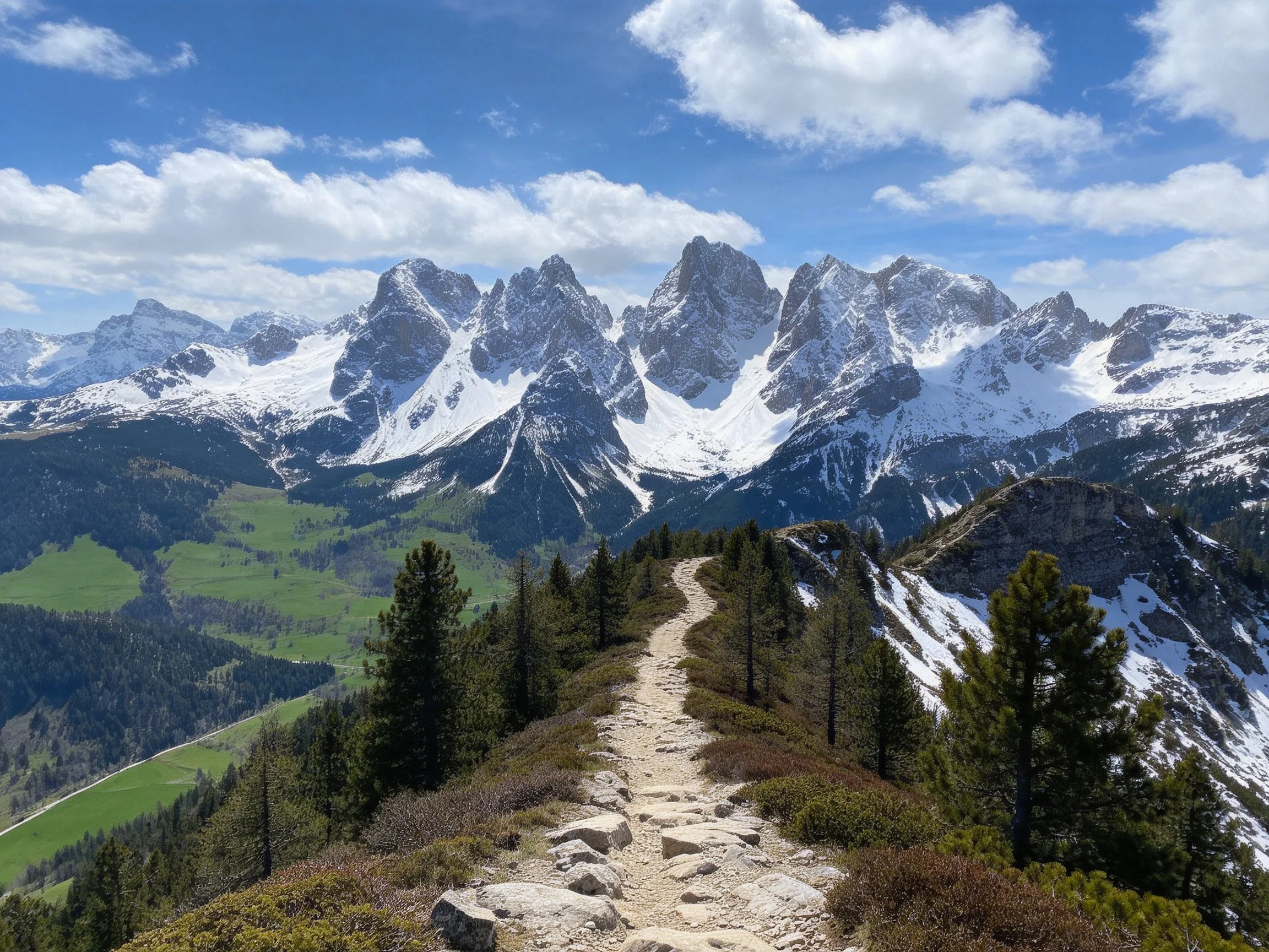 A mountain ridge trail leads toward snow-capped peaks under blue sky