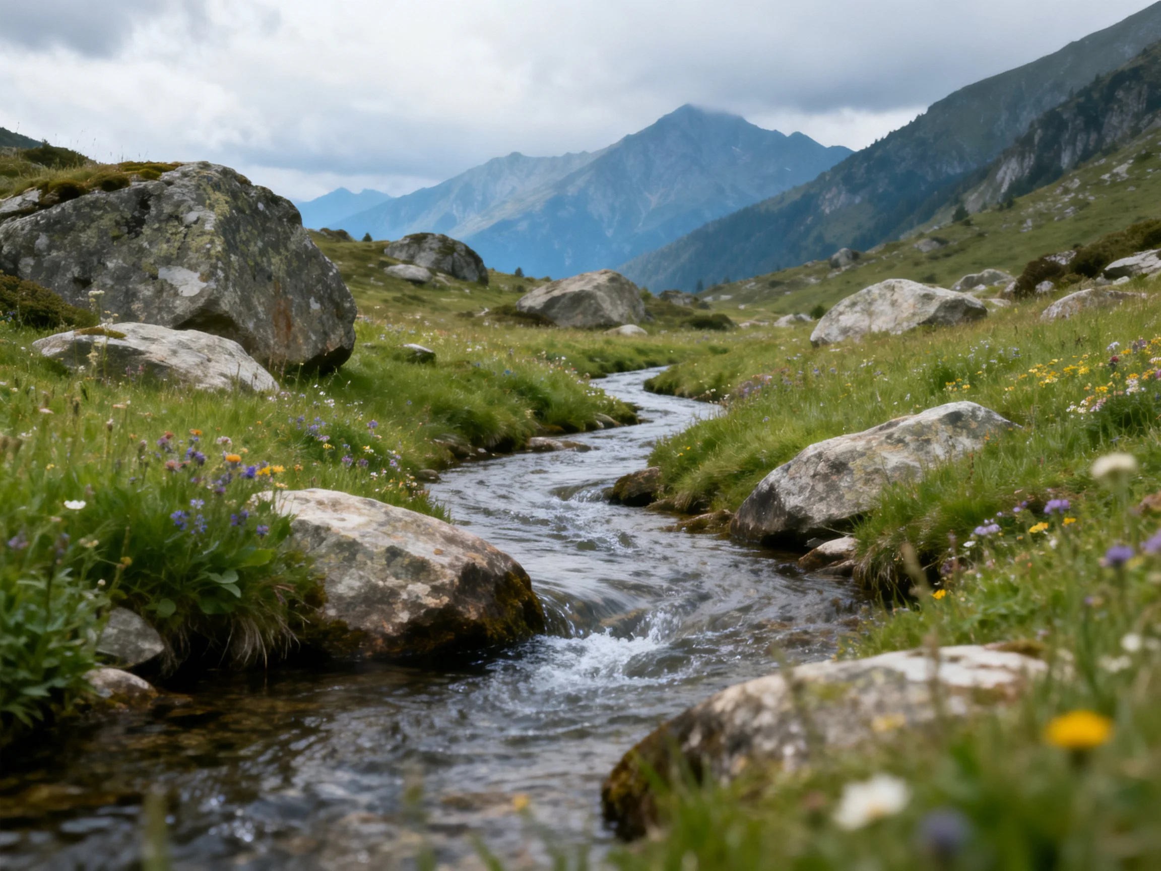 A mountain stream winds throughrocky meadows with distant peaks