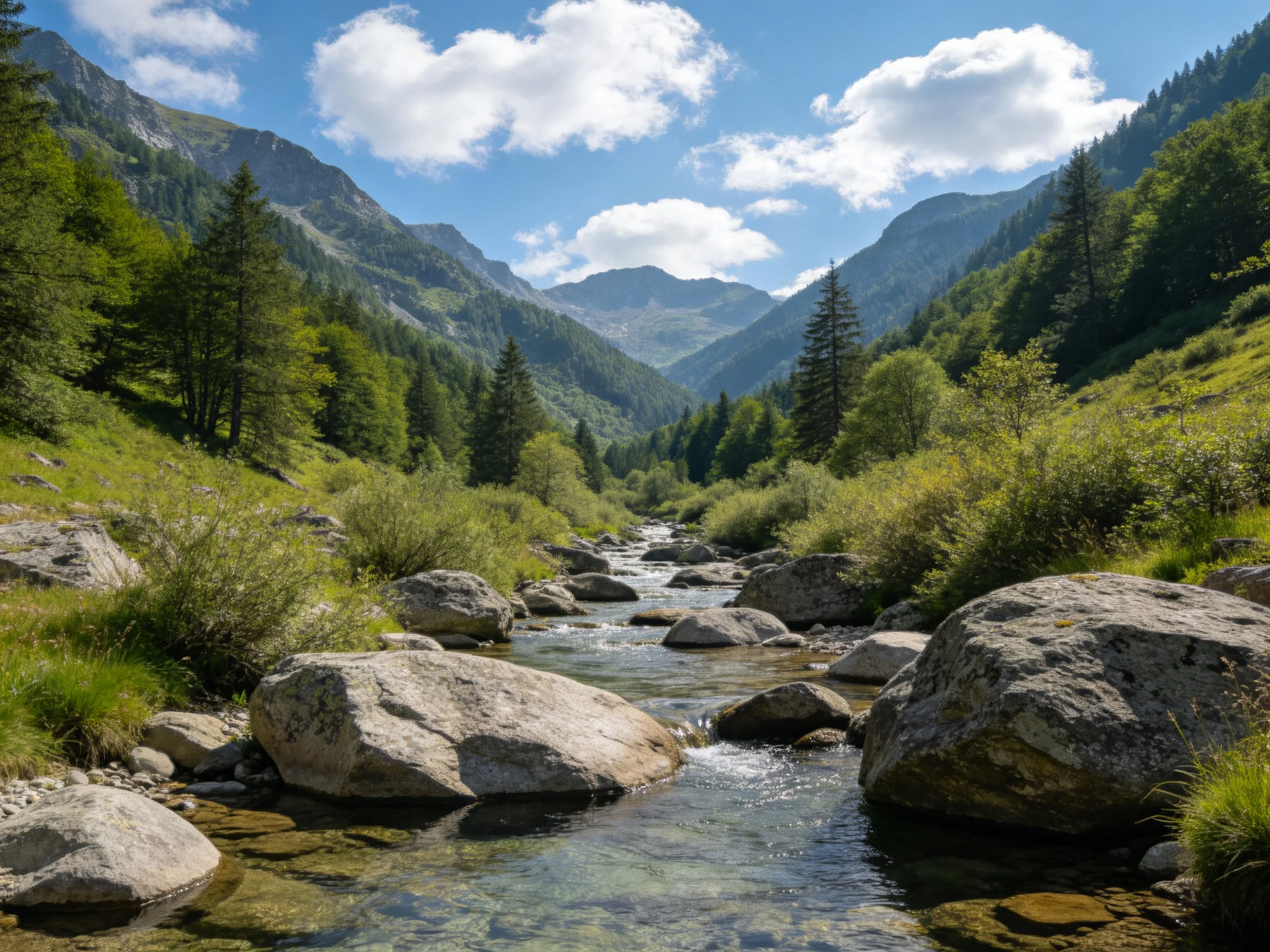 A mountain valley stream flows over large rocks amid lush green forests