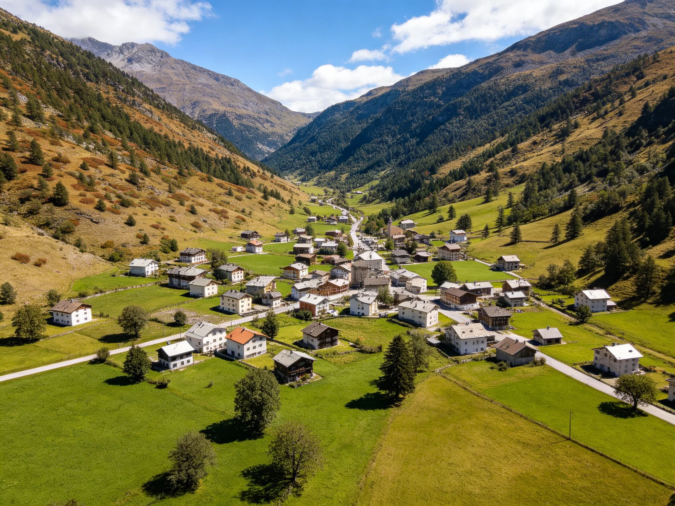A mountain valley village with white houses and green pastures
