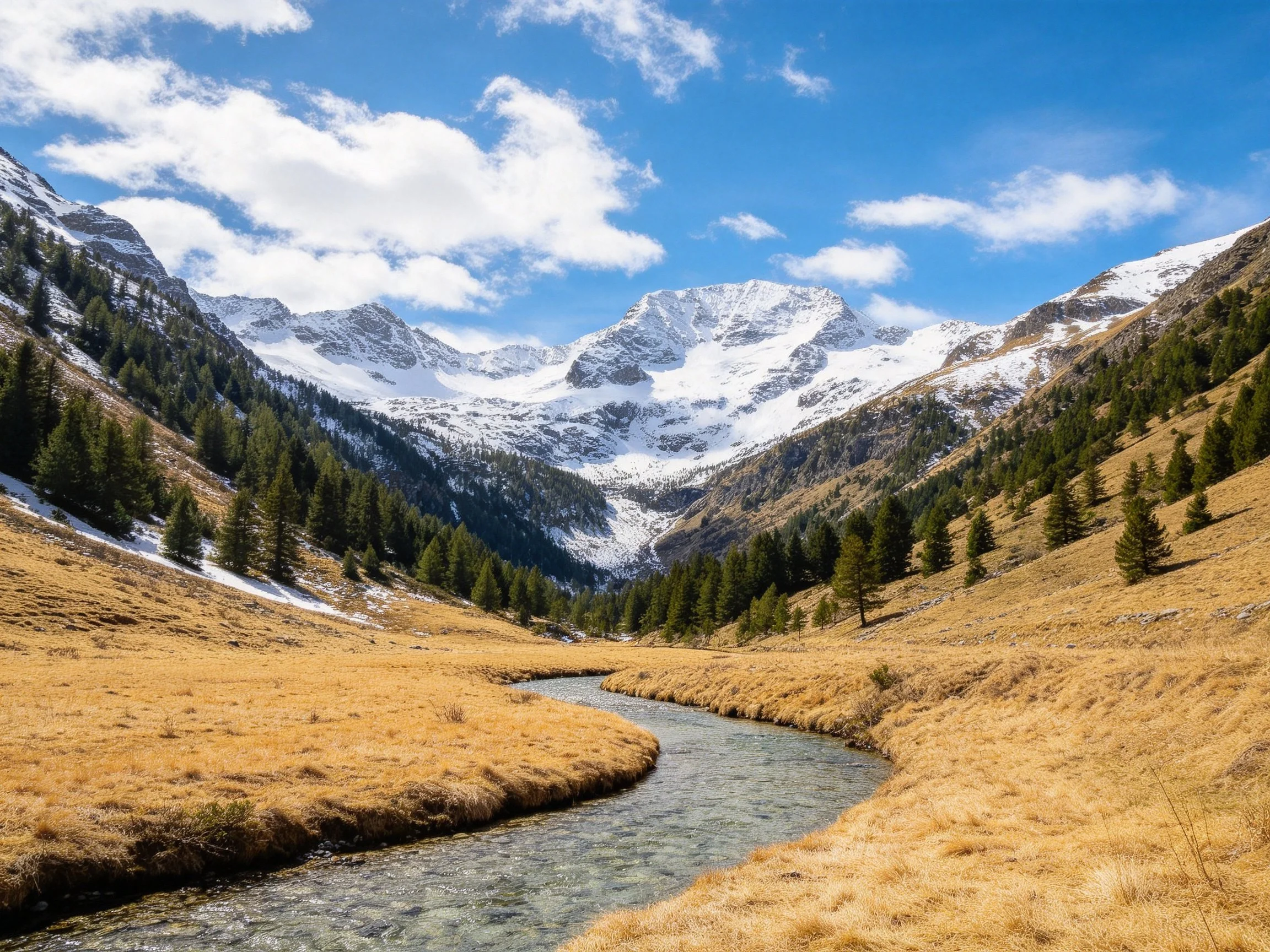 A mountain valley with a winding stream, golden meadows, and snow - capped peaks