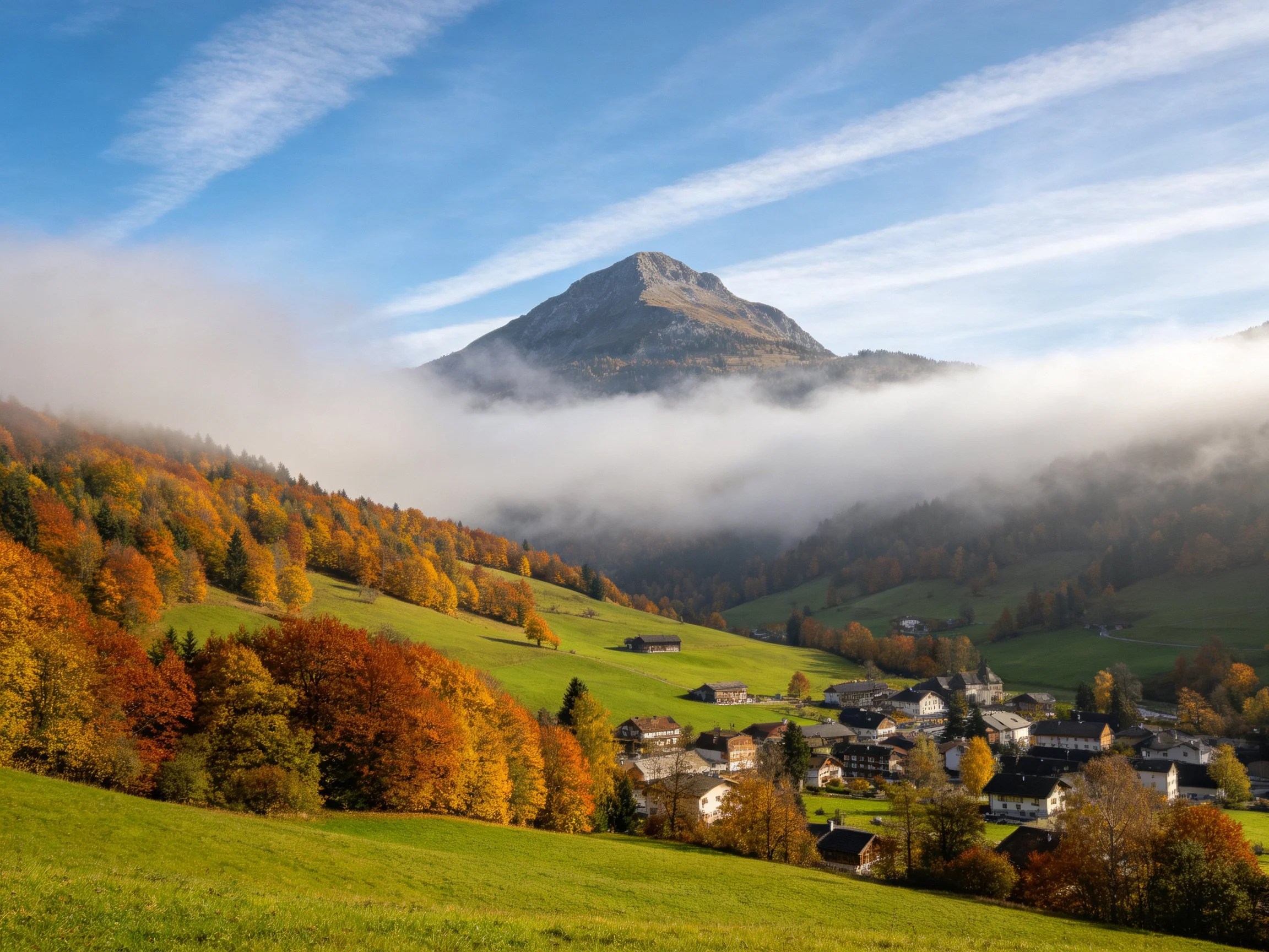 A mountain village nestled among vibrant autumn forests with morning mist