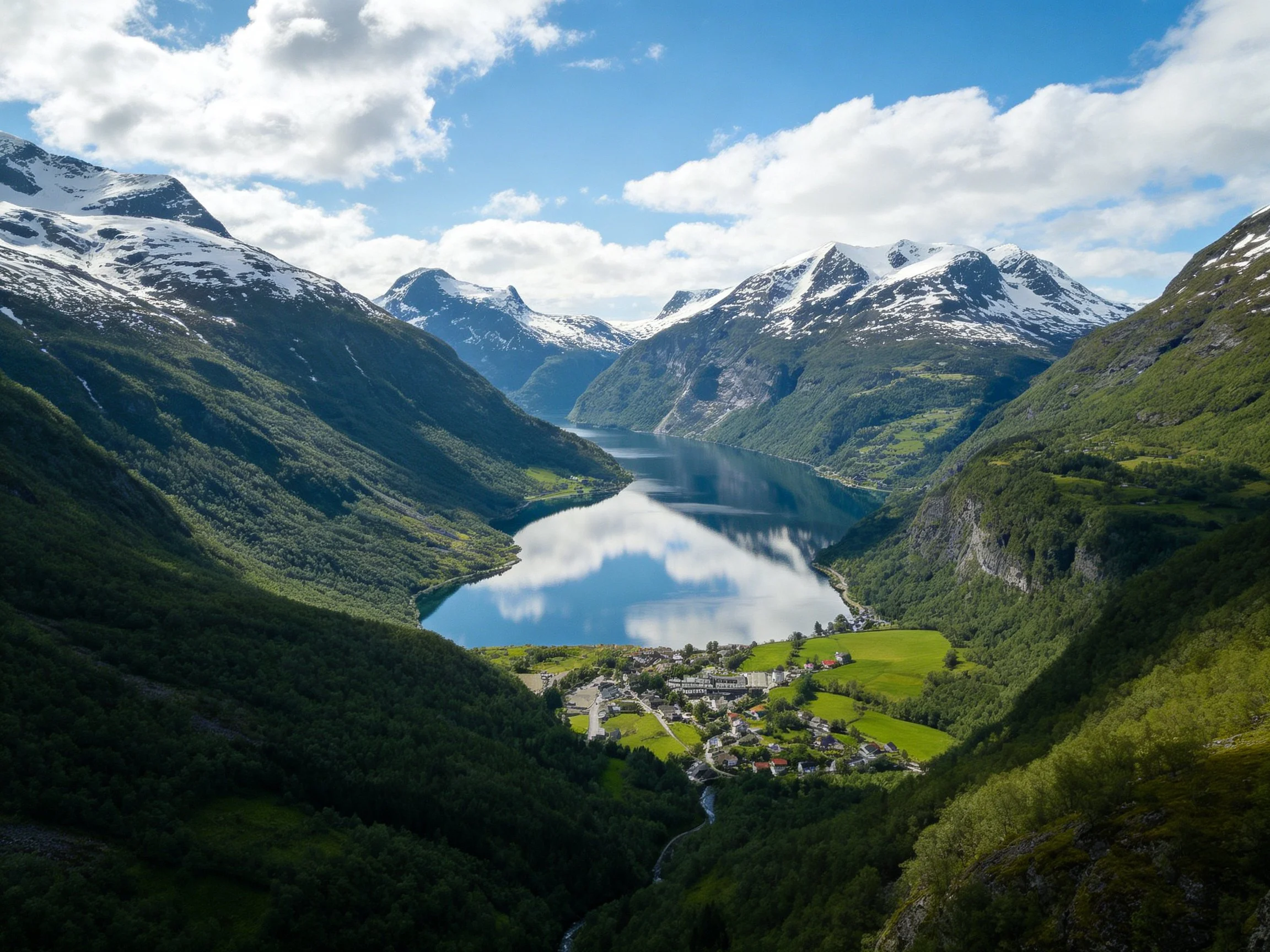 A mountainous fjord valley with snow-capped peaks and reflective waters