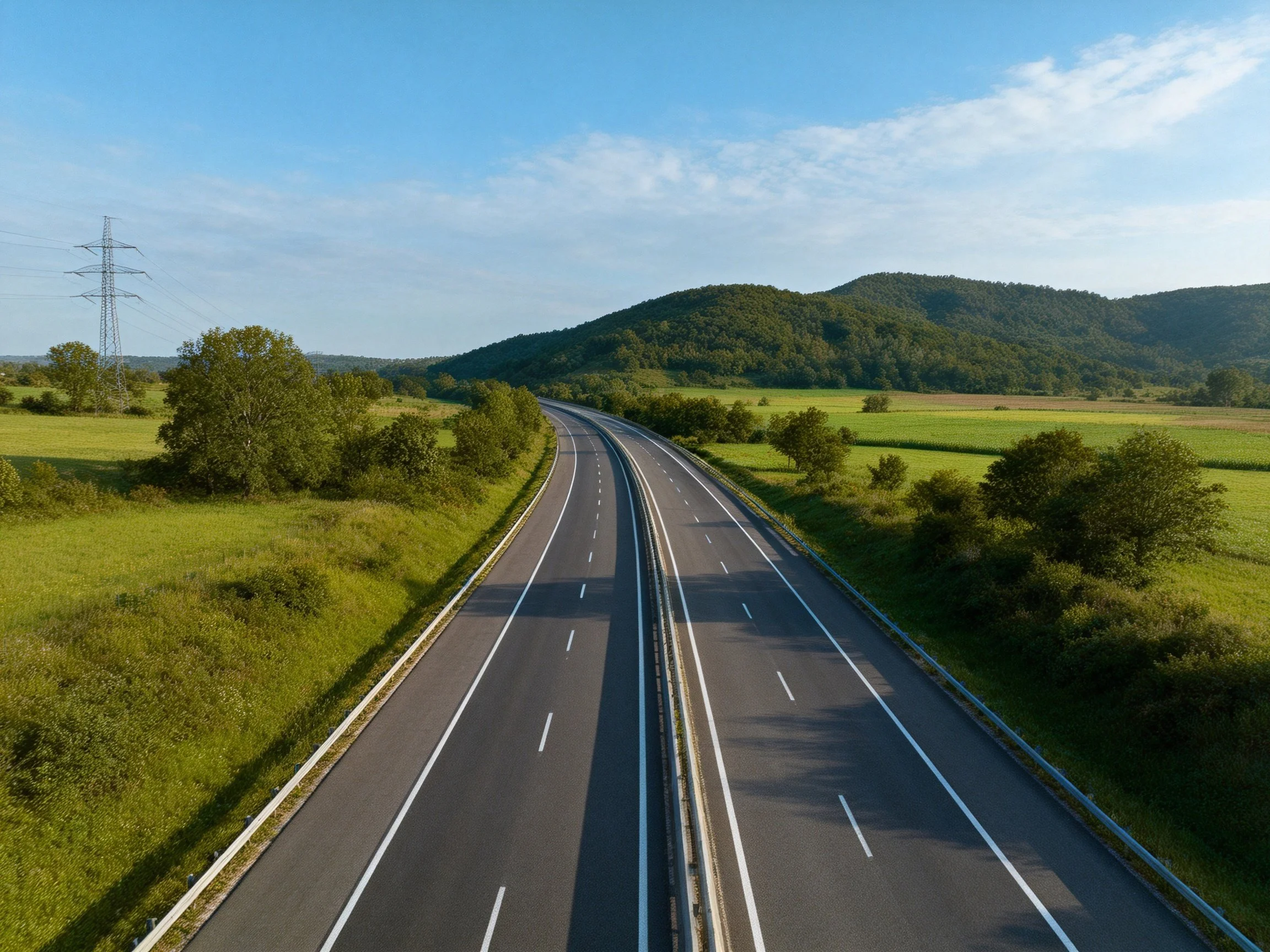 A multi-lane highway stretches through lush green countryside near forested hills