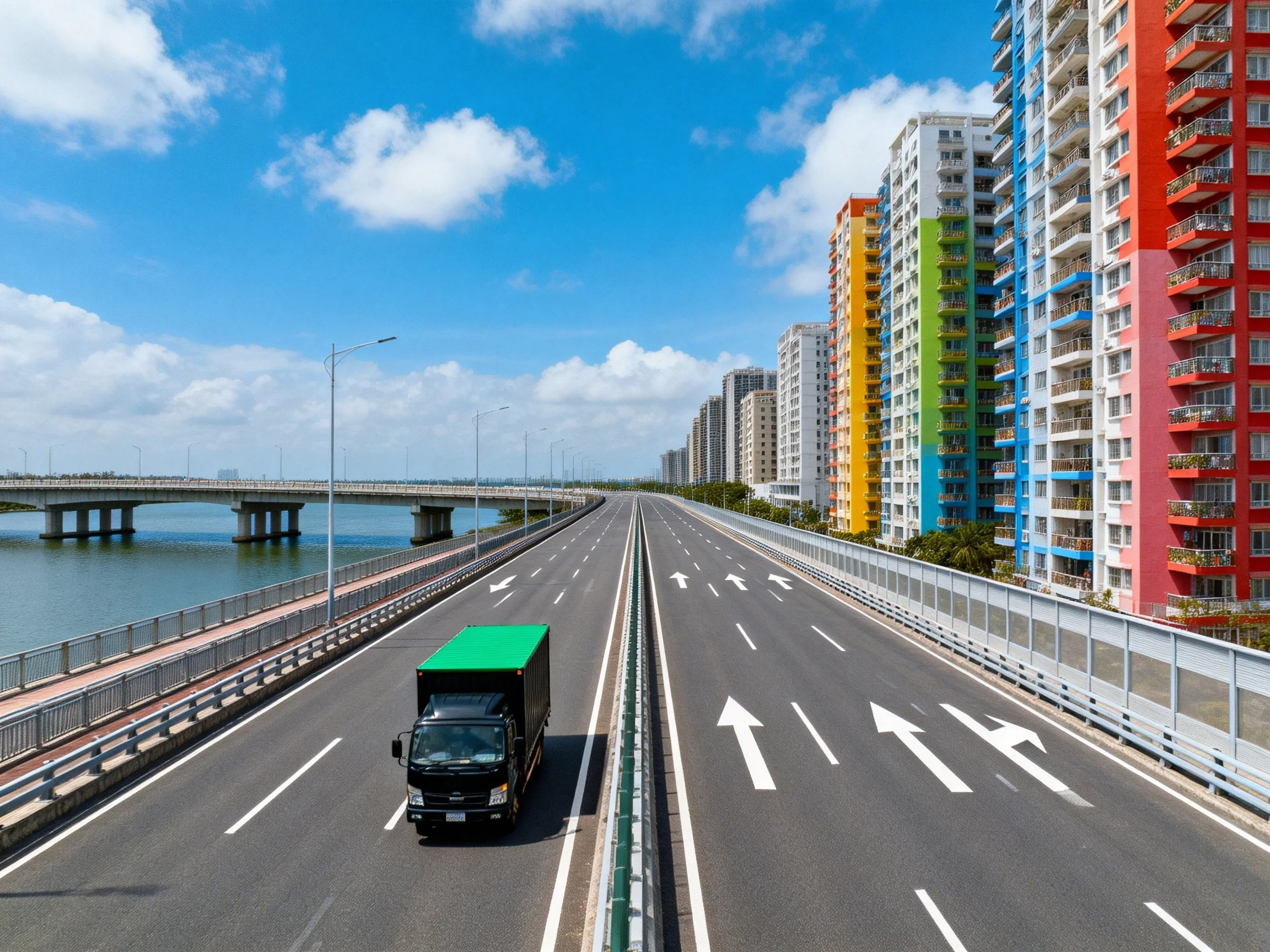 A multi-lane highway with a truck passes colorful residential towers and a waterfront bridge under
