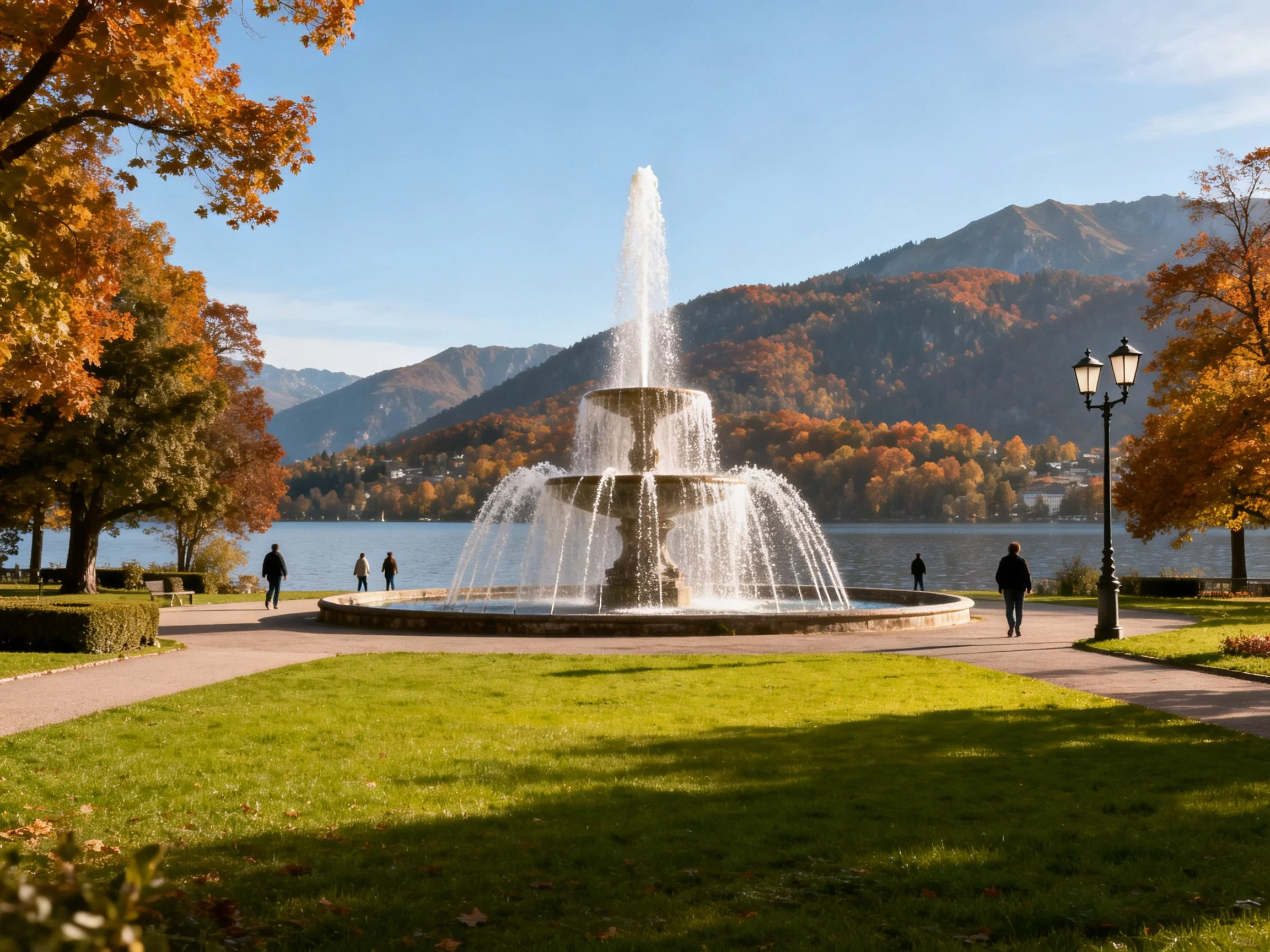 A multi - tiered fountain surrounded by autumn foliage by a mountain lake