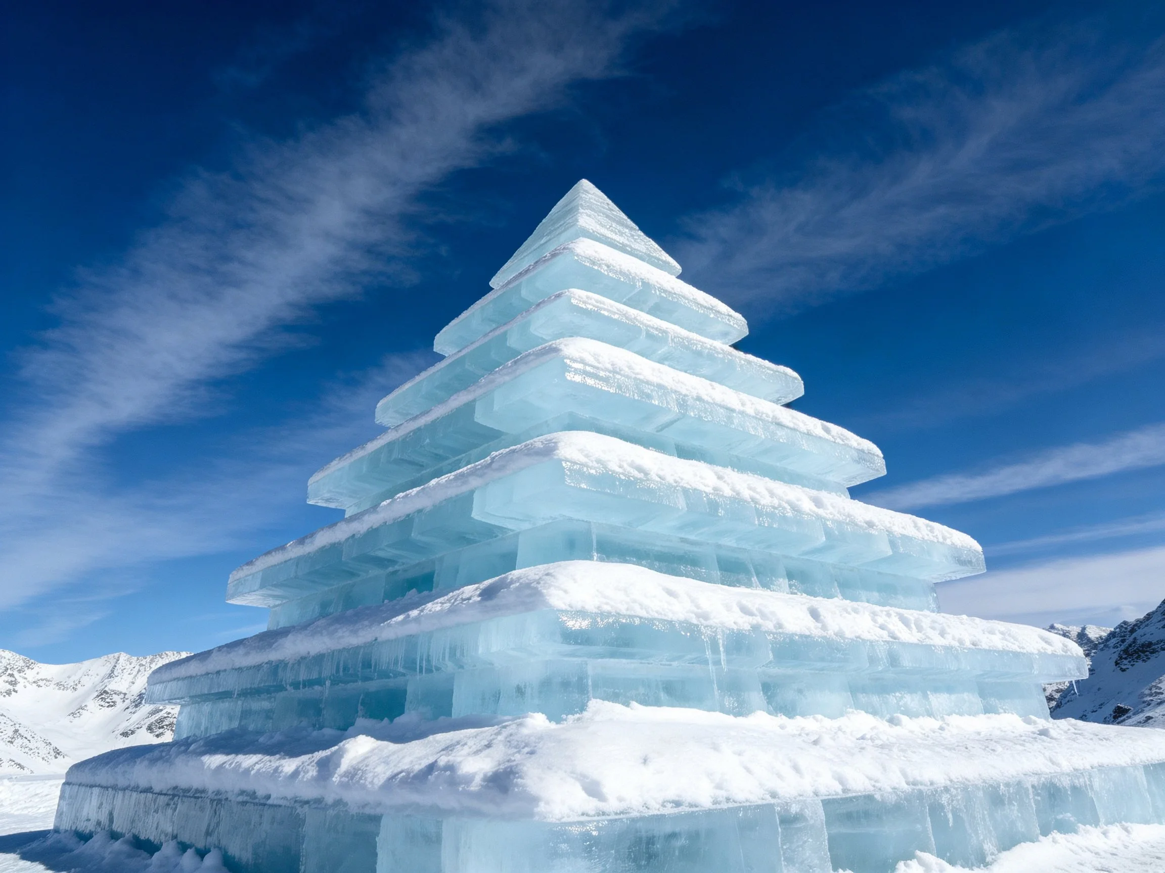 A multi-tiered ice pyramid structure in a snowy mountain setting