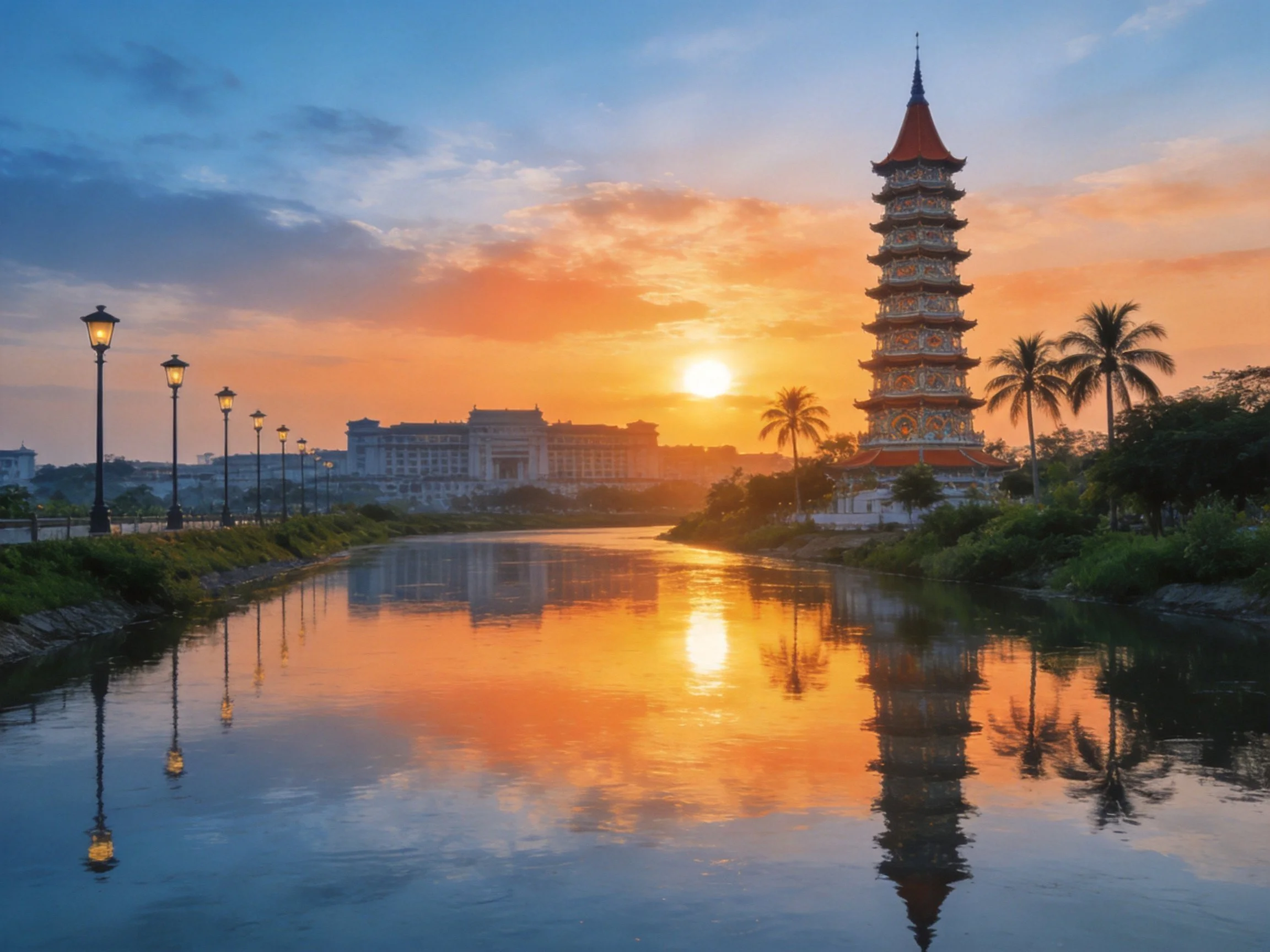 A multi - tiered pagoda reflects in a calm river during vibrant sunset