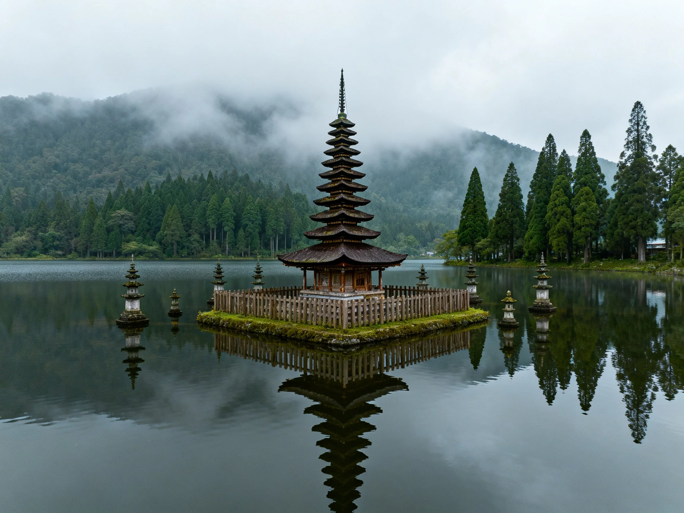 A multi-tiered temple on a small island in a calm lake with forest backdrop