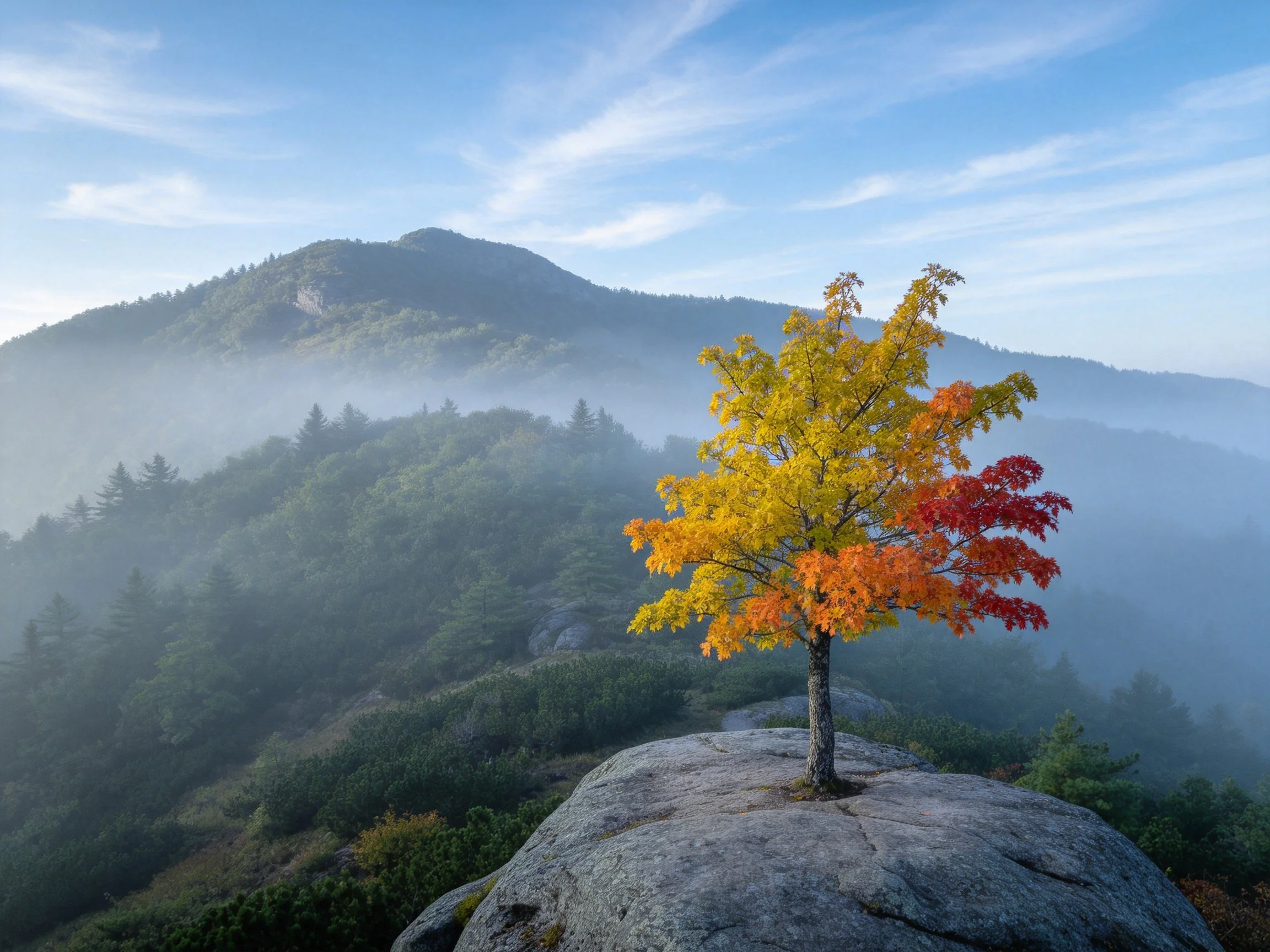 A multicolored tree stands atop a rocky mountaintop with misty forest backdrop.